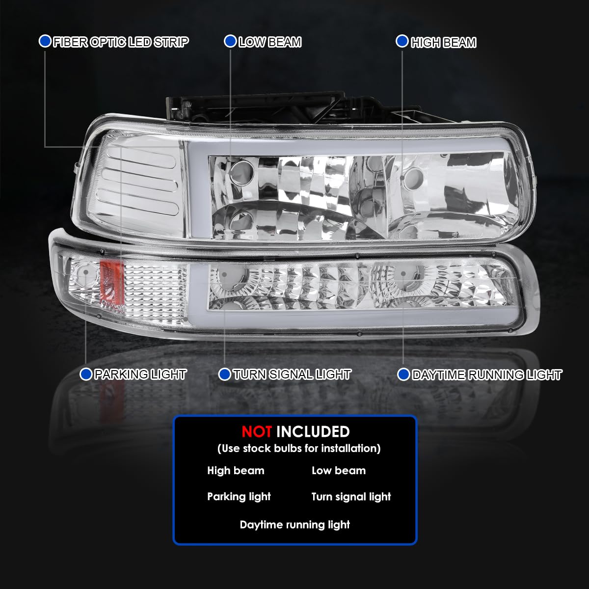 Chrome LED Bar Headlights + Bumper Lights SPEC-D TUNING Compatible with 1999-2002 Chevy Silverado 2000-2006 Tahoe Suburban, Left + Right Pair Headlamps Assembly