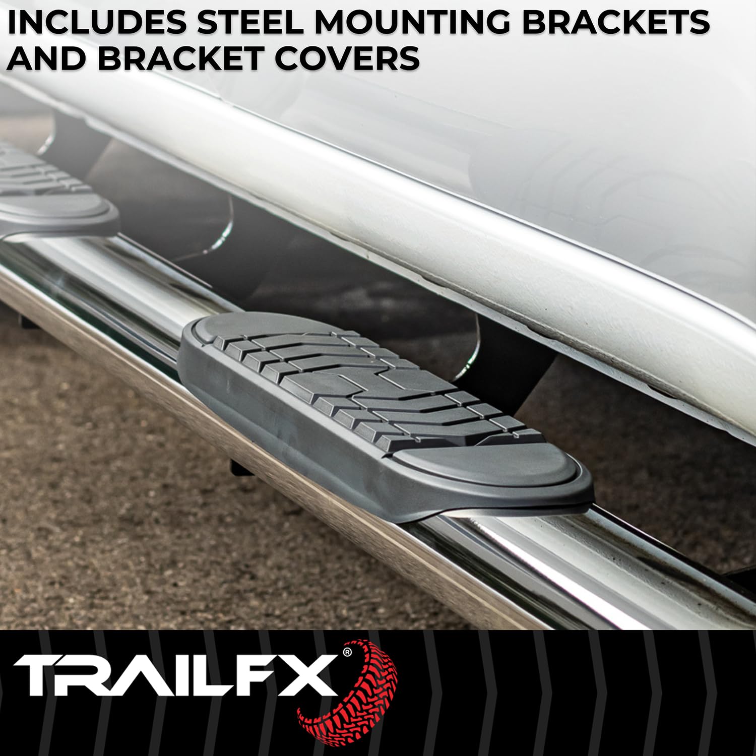 Trail FX Nerf Bar Polished Stainless Steel Fits Ram 1500 Crew Cab 2019-2025 with Welded End Caps Step Pads Rocker Panel Mount Pair of 5 Inch Oval Bent Running Boards