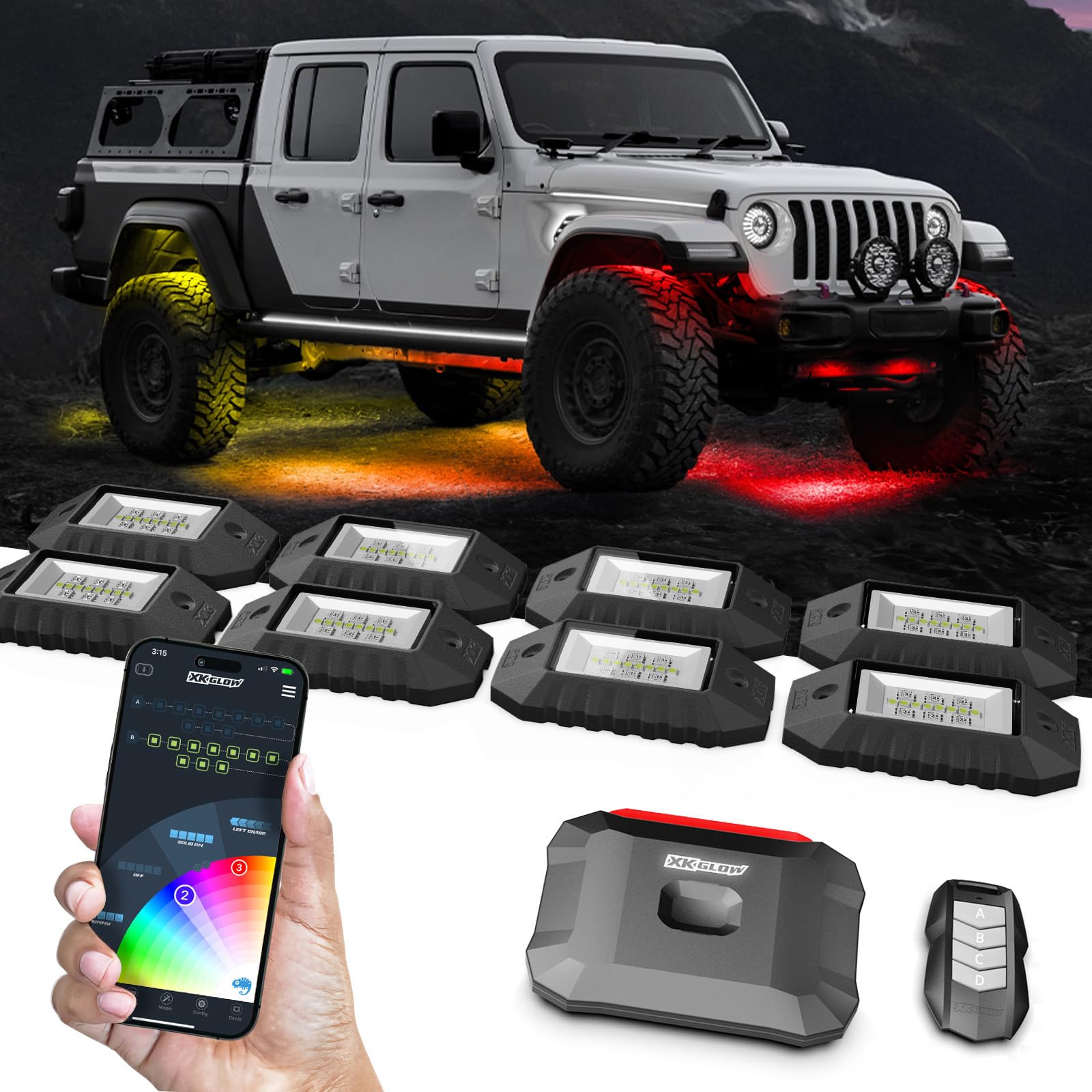 RGBW LED Rock Light Kit XKmax with Color Chasing | App-Controlled (12pc Pro Kit)