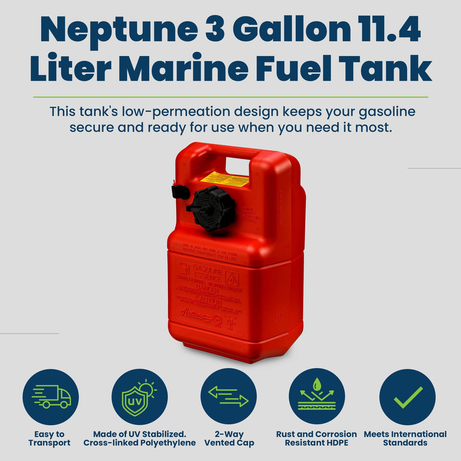 3 Gallon Scepter Portable Marine Gas Can, Boat Fuel Tank, 2-Way Vented Cap, Built-In Fuel Line Pick-Up, Top Handle, EPA & CARB Compliant, Neptune Series, 17.25"L x 11"W x 8.5"H (08590)