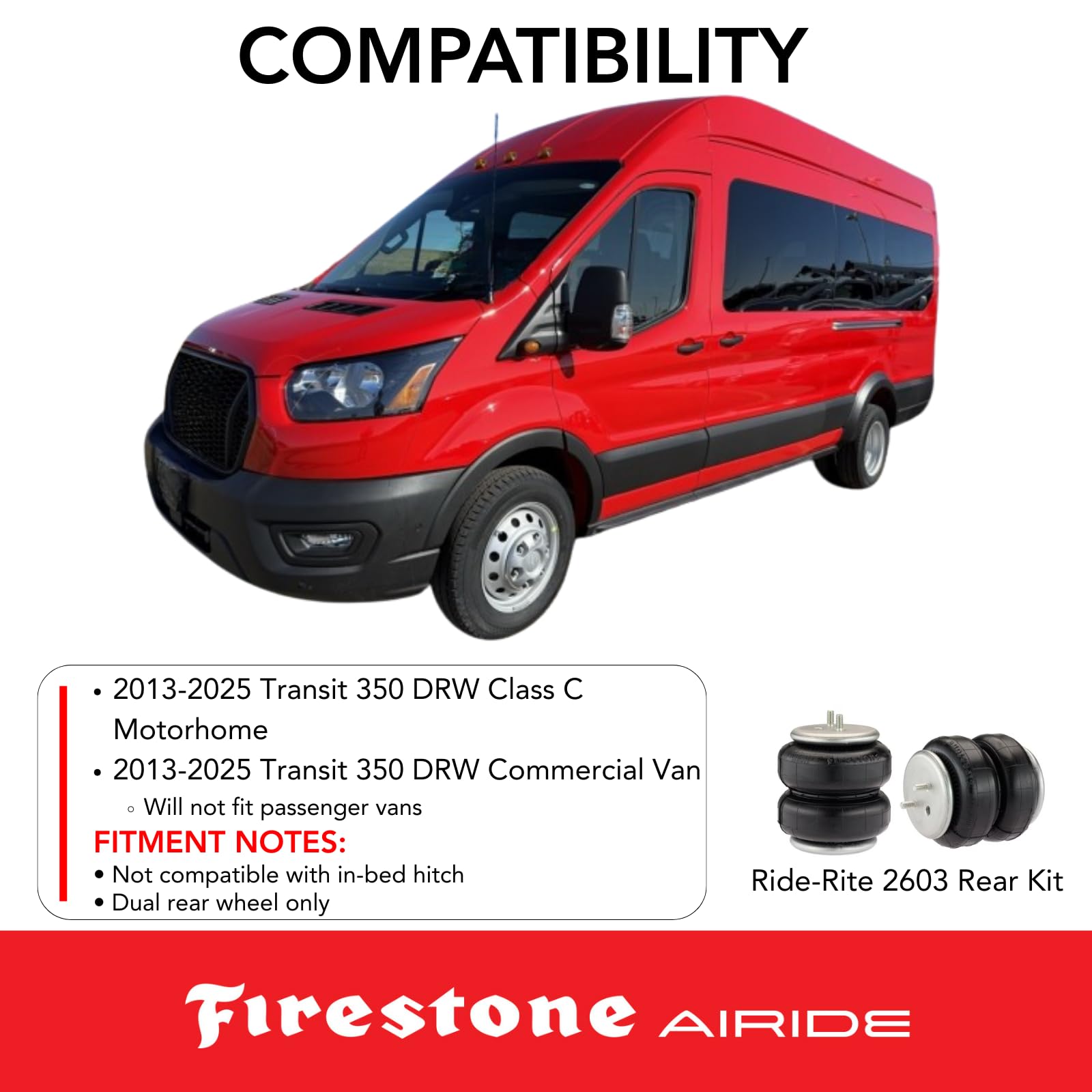Firestone 2603 Airide Ride-Rite Rear Air Springs Kit fits 2013-2025 Transit 350 DRW Class C Motorhome/Commercial Van Dual Rear Wheel Only | 5-100 PSI | No Drill Installation