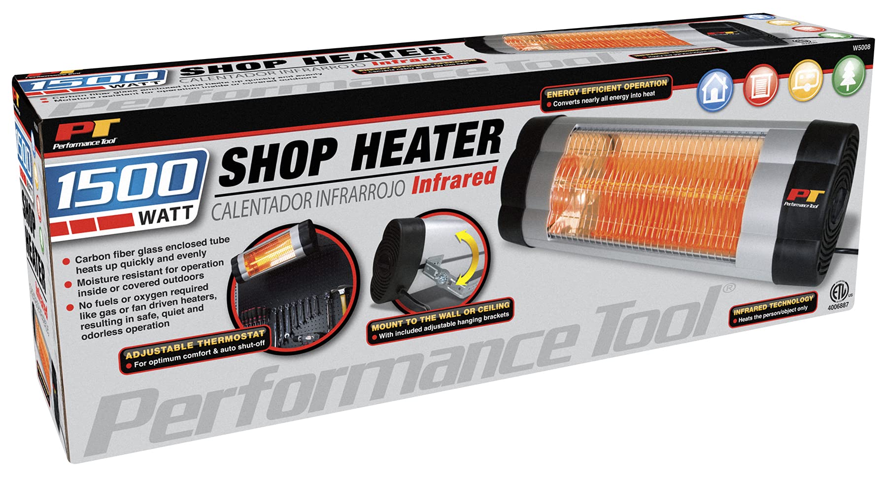 1500 Watt Performance Tool W5008 Infrared Heater, Adjustable, Water-Resistant To Keep Garages and Workspaces Warm