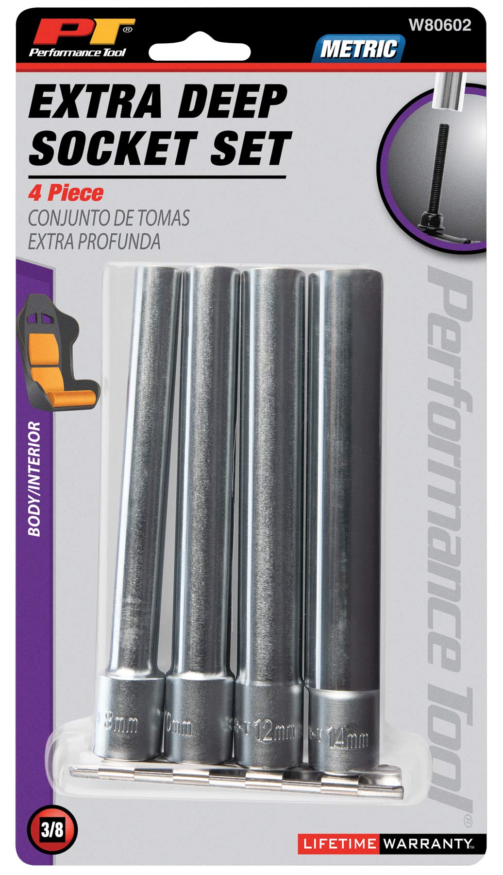 W80602 Performance Tool 4Pc 3/8 Drive Met Extra Deep Wall 6Pt Socket Set for Precision Fastening and Durability - Ideal for Automotive and Industrial Applications