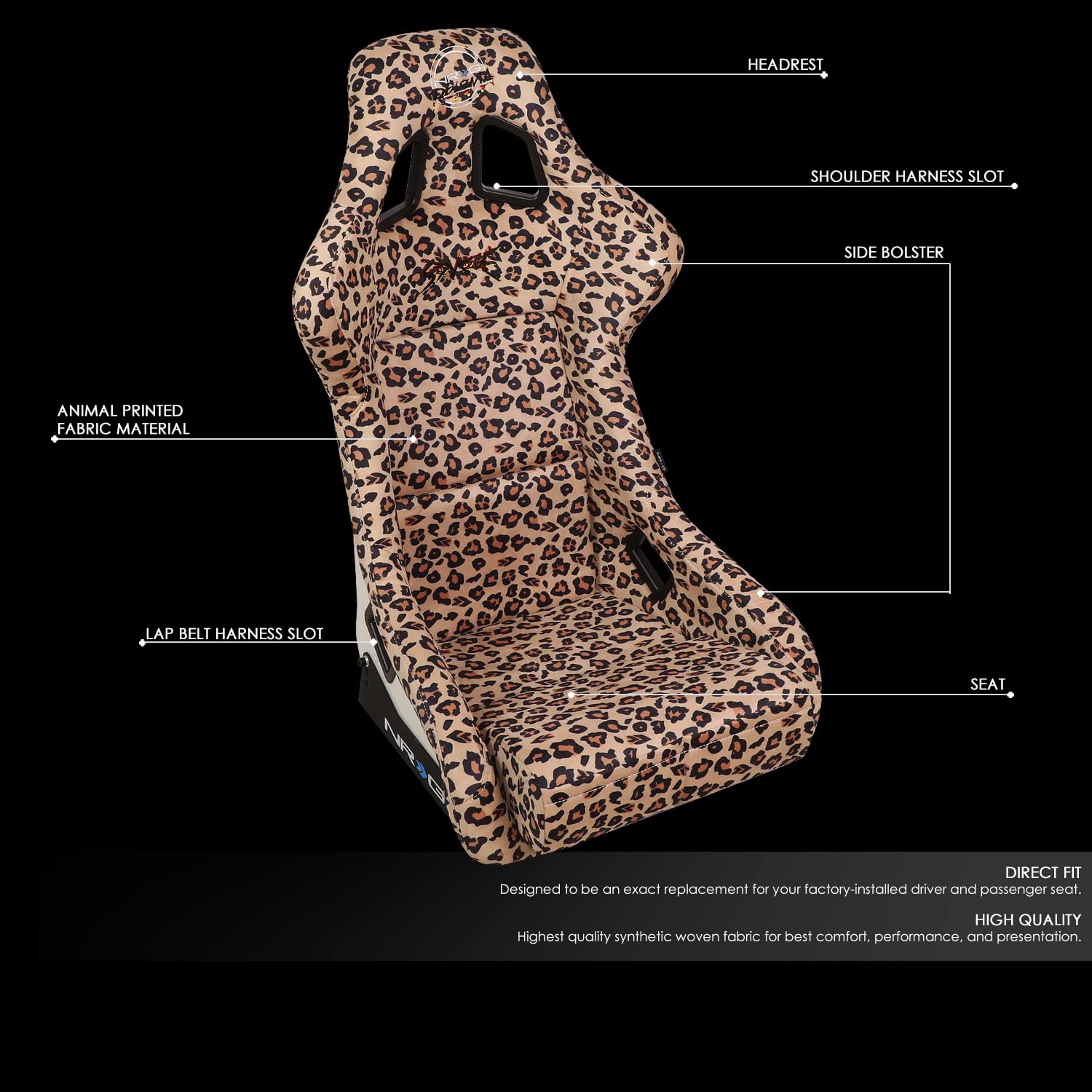 NRG Innovations Prisma Fixed Back Bucket Racing Seat NRG-FRP-302-BR-SAVAGE with Bottom Mount Bracket, Brown Savage Leopard Print Fabric/White Pearl Back