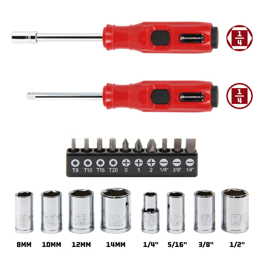Powerbuilt 20 Pc. 1/4" Dr. Impact Bit Screwdriver and Nut Driver Set, Includes SAE, Metric Sockets, Phillips, Slotted, Star Bits, Adapter- 647768
