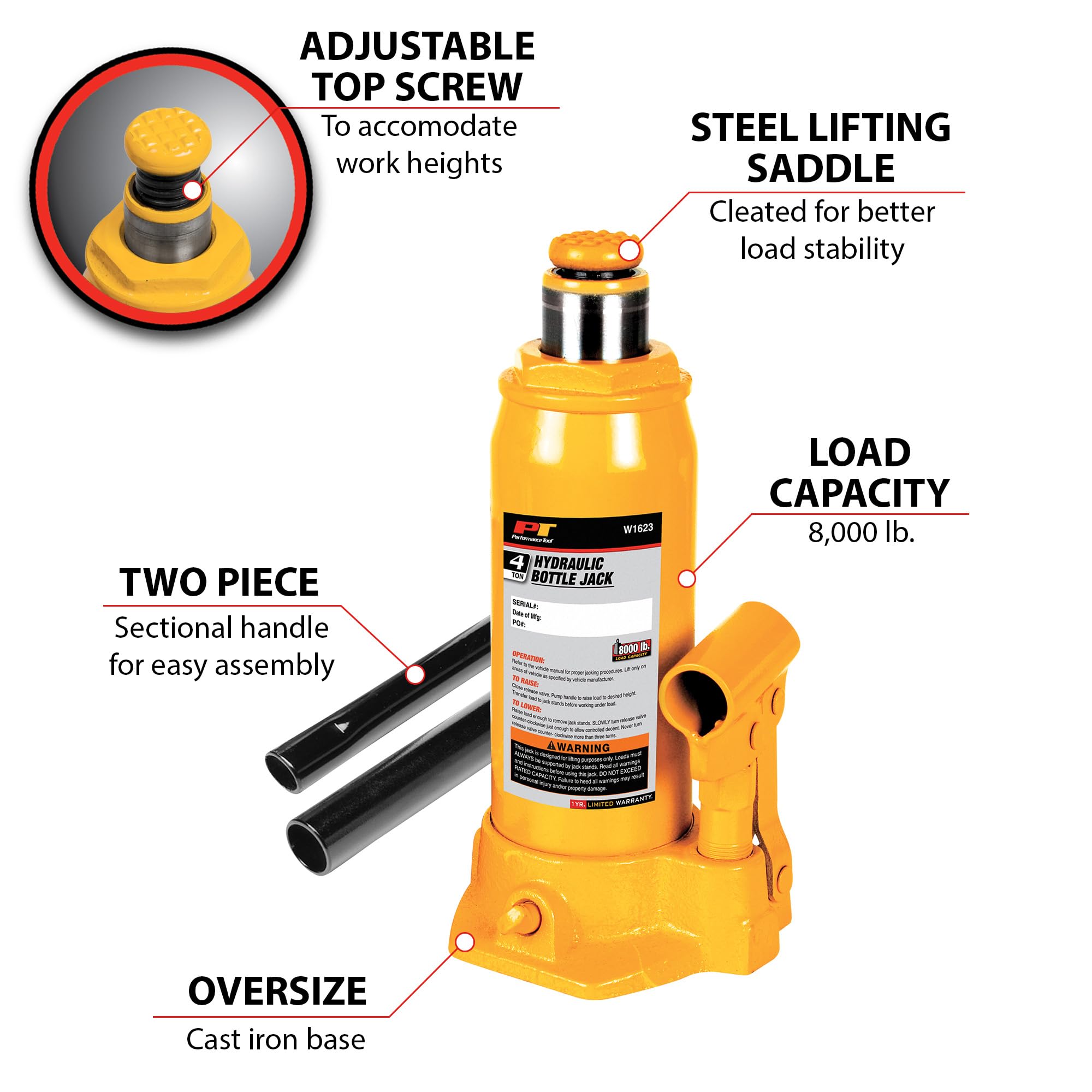 4-Ton Performance Tool W1623 Heavy Duty Hydraulic Bottle Jack (8,000 lbs.)