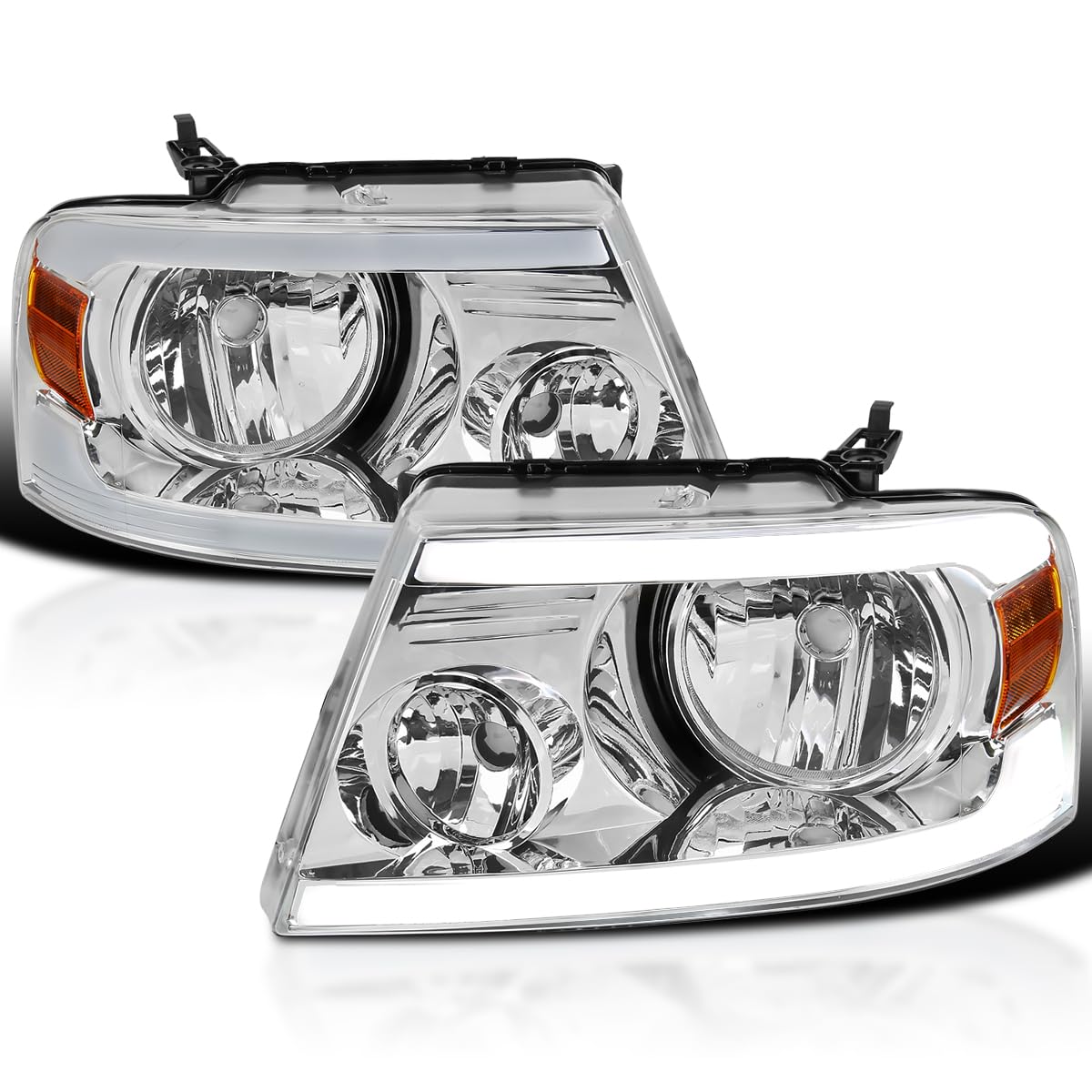Chrome Headlights SPEC-D TUNING w/LED Bar Strip Compatible with 2004-2008 Ford F-150, 2006-2008 Lincoln Mark LT L+R Pair Head Light Lamp Assembly