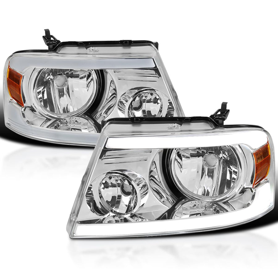 Chrome Headlights SPEC-D TUNING w/LED Bar Strip Compatible with 2004-2008 Ford F-150, 2006-2008 Lincoln Mark LT L+R Pair Head Light Lamp Assembly