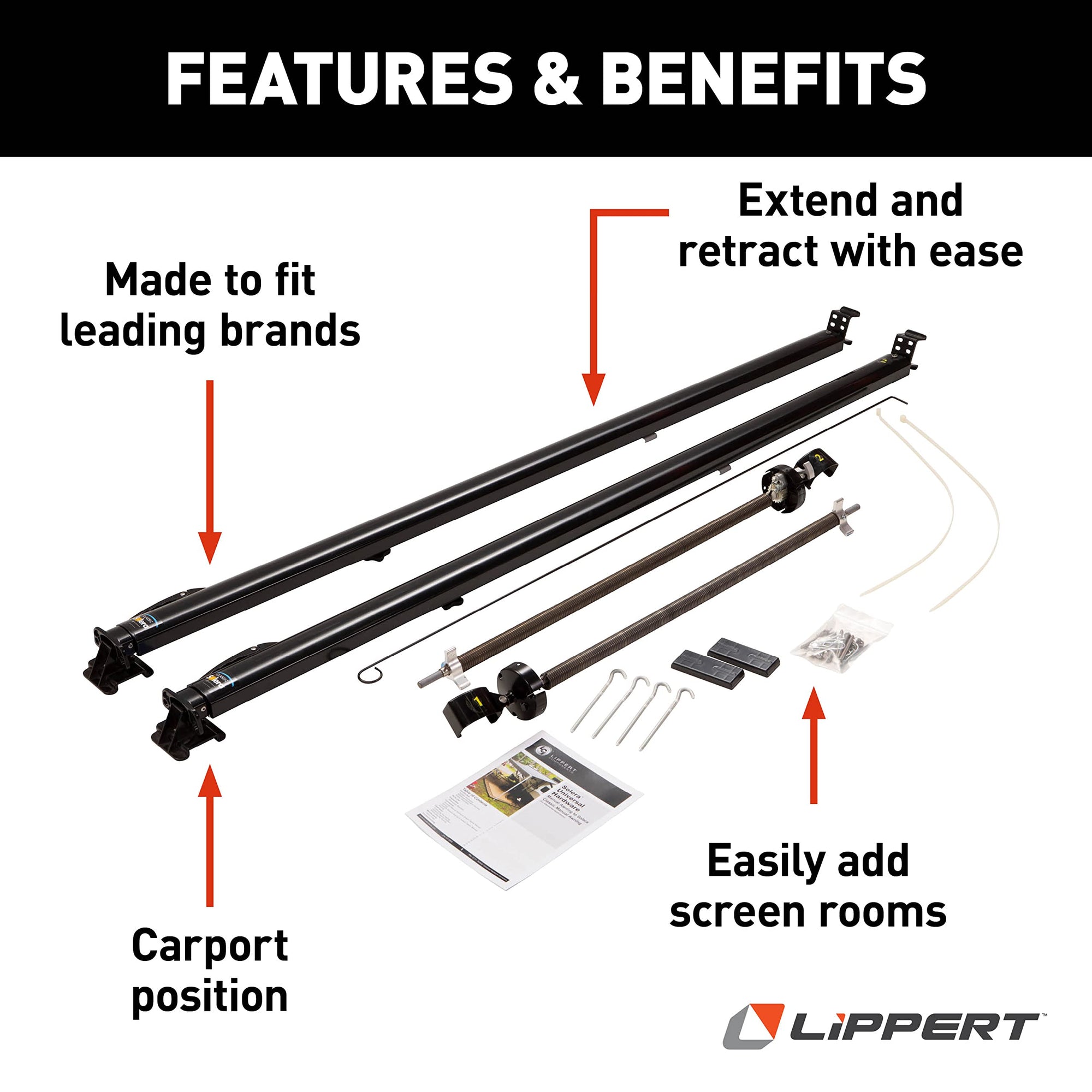Solera Universal RV Awning Arms & Hardware Kit - 81"-96" Tall, Classic Black