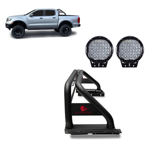 Classic Black Horse Roll Bar Incl.Set of 9 Black Round LED Light Compatible with 2019-2024 Ford Ranger-RB08BK-PL69B
