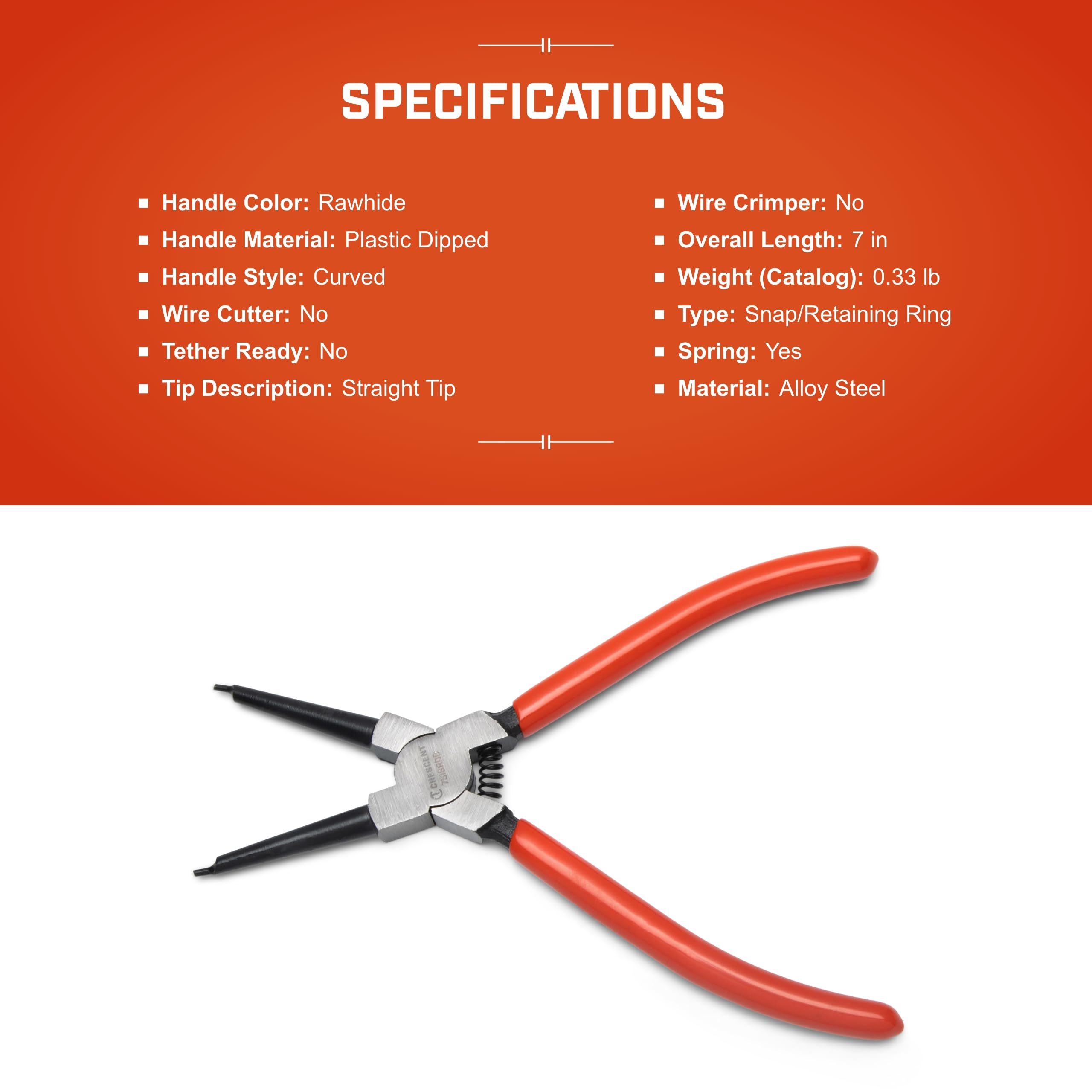 Crescent Internal Snap Ring Pliers Straight - Installation & Removal Tool for Home Improvement, Repair & Mechanic Use - 7" - 7SISRDG