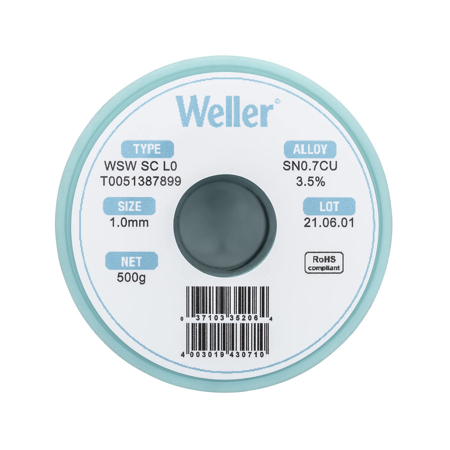 Weller Lead Free Solder Wire WSW SC L0 (T0051387899), Dia: 1.0 mm / 0.039 in, Wt: 500 g / 17.637 oz, Alloy Sn99.3Cu0.7, Flux content 3.5%