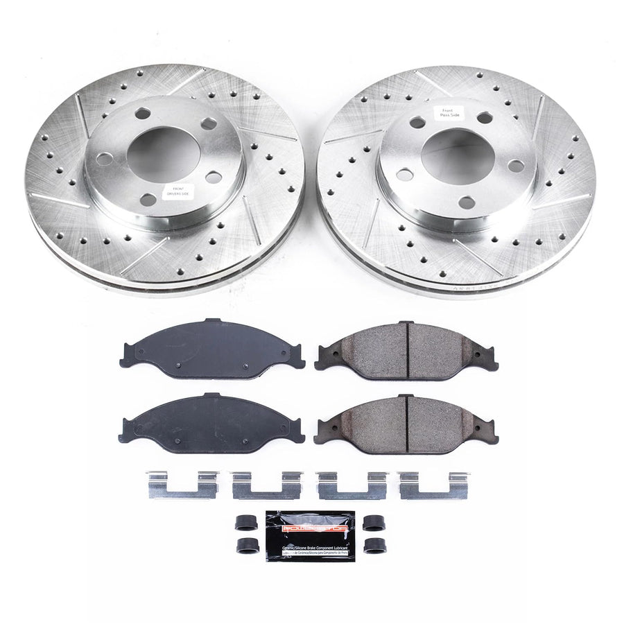 Power Stop K1301 Z23 Carbon Fiber Brake Pads with Drilled & Slotted Brake Rotors Kit For Ford Mustang 1999-2004 [Model Specific]