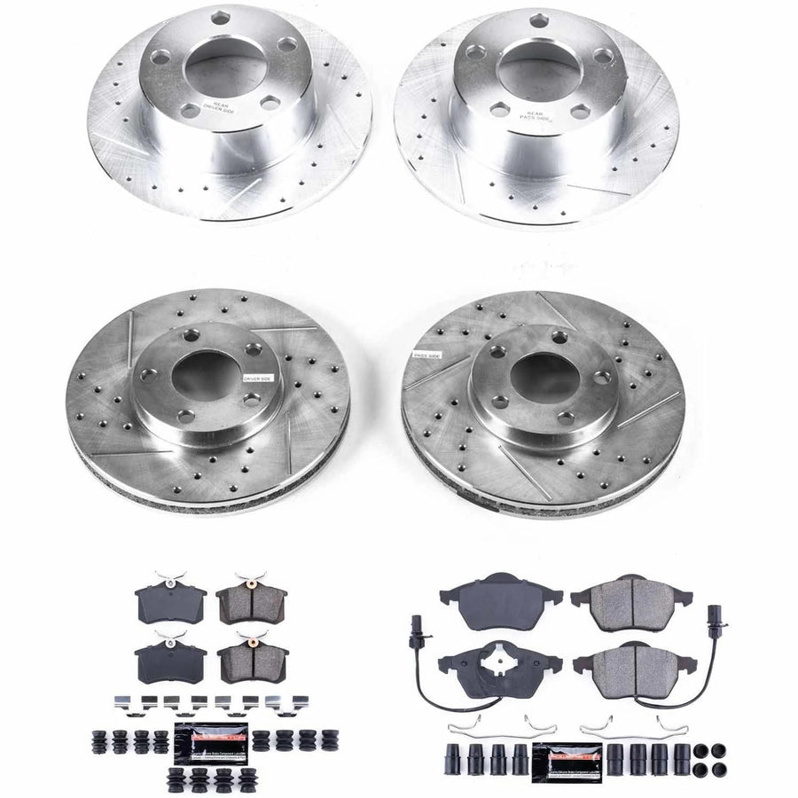 Power Stop K4202 Z23 Carbon Fiber Brake Pads Front and Rear with Drilled & Slotted Brake Rotors Kit For Volkswagen Passat 1998 [Model Specific]