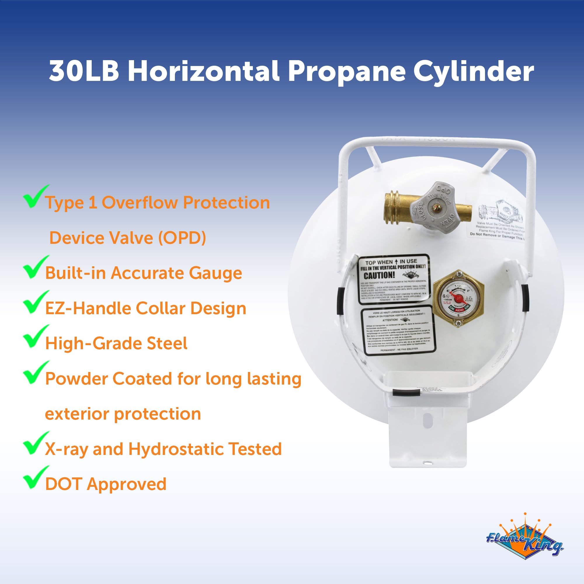 30lb Flame King YSN301HZL Steel Horizontal Propane Tank Cylinder for Fire Pit Tables, Patio Heaters, Barbeques, RVs, and Truck Campers, 30-Pound, White