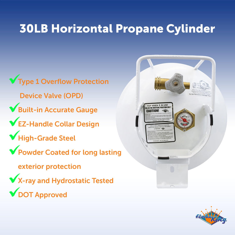30lb Flame King YSN301HZL Steel Horizontal Propane Tank Cylinder for Fire Pit Tables, Patio Heaters, Barbeques, RVs, and Truck Campers, 30-Pound, White