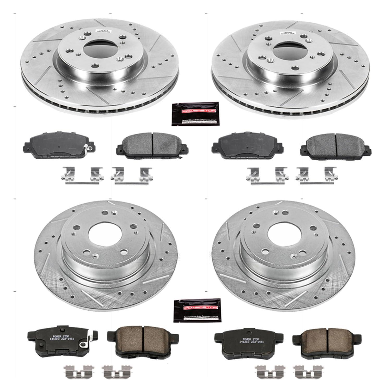 Power Stop K6778 Z23 Carbon Fiber Brake Pads Front and Rear with Drilled and Slotted Brake Rotors Kit For Honda Accord EX-L [Application Specific]