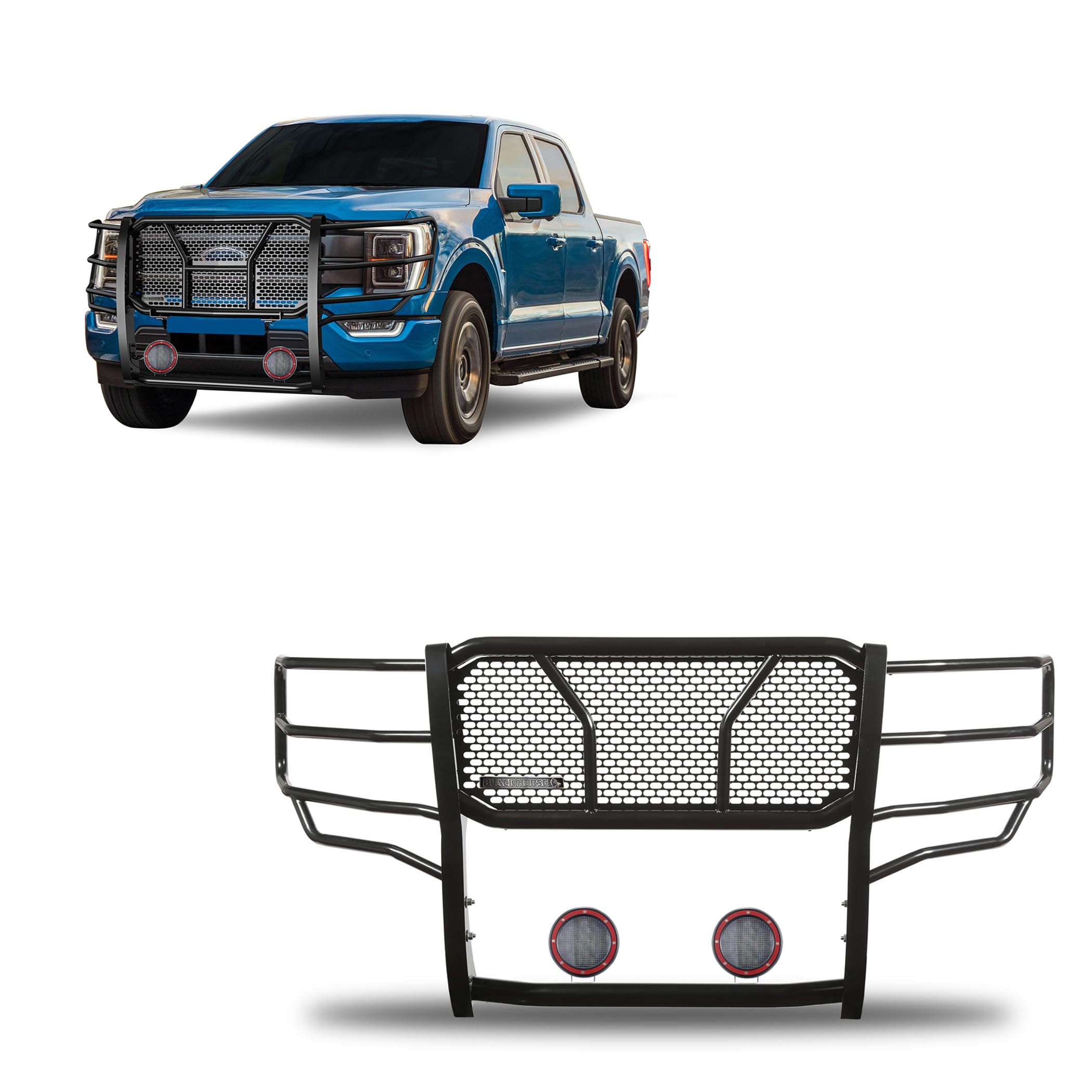 Heavy Duty Black Horse Rugged Grille Brush Bumper Guard Modular Black Come with Pair of 5.3" Dia.LED Lights with Red Trim Rings Compatible with 2021-2024 Ford F-150-RU-FOF116-B-PLFR