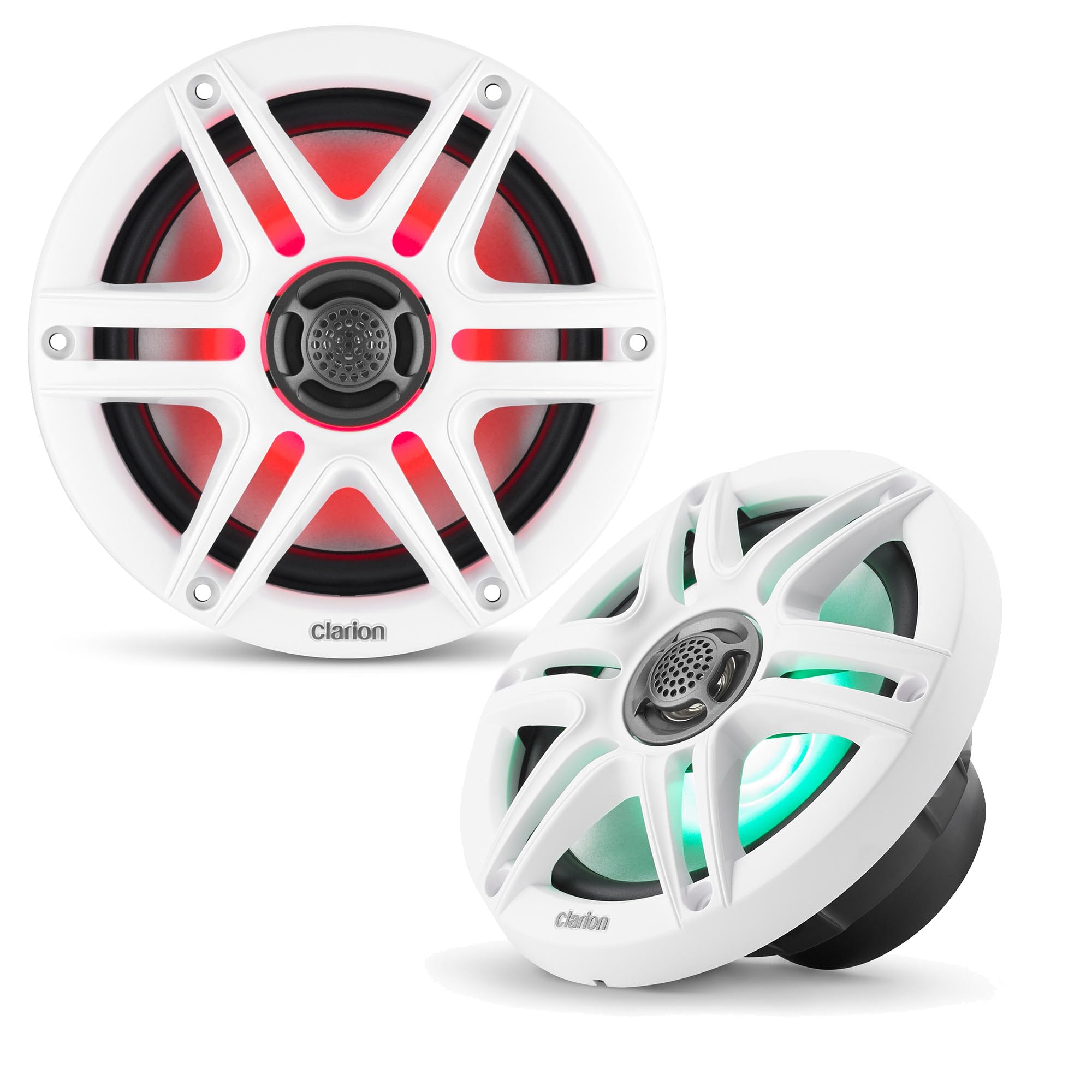 CMS-651RGB-SWB Clarion 6.5-inch Coaxial Marine Speakers with Built-in RGB Illumination 30W RMS Power handling 1/2-inch (13 mm) Polymer Dome Tweeter Includes White & Black Sport Grilles