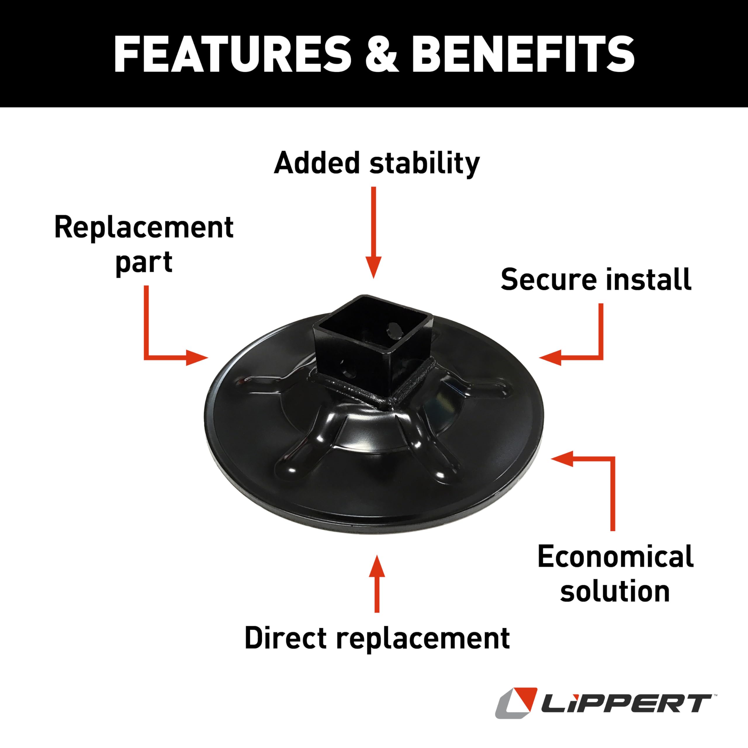 Hall Effect Lippert Ground Control 3.0 Rear Jack Footpad, 9" Diameter, Fits 2" I.D. Tube, Strong Black Powder-Coated Steel Construction, Easy Installation - 362486