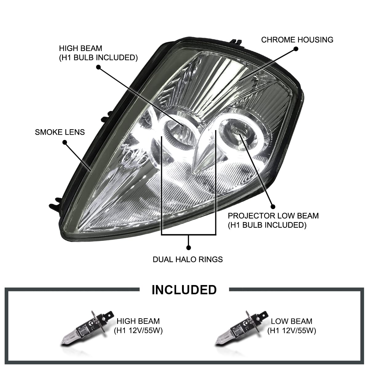 Smoke Halo Projector Headlights SPEC-D TUNING Compatible with 2000-2005 Mitsubishi Eclipse, Left + Right Pair Headlamps Assembly