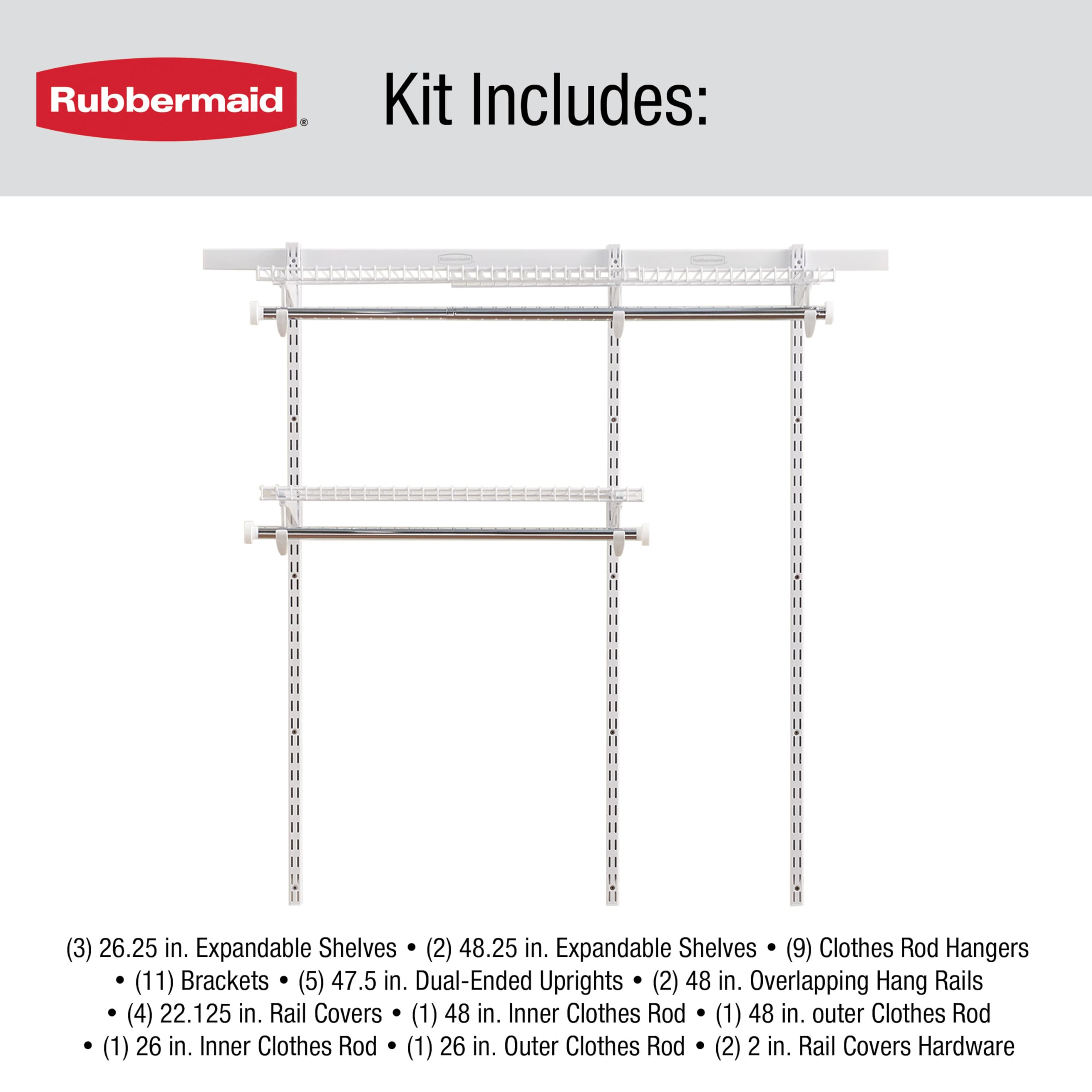 Rubbermaid Custom Closet Kit Configurations 3-6 Ft. Adjustable Metal Wire Shelving White Finish Expandable Organization System Hardware Included for Home Closet/Pantry/Laundry/Mudroom