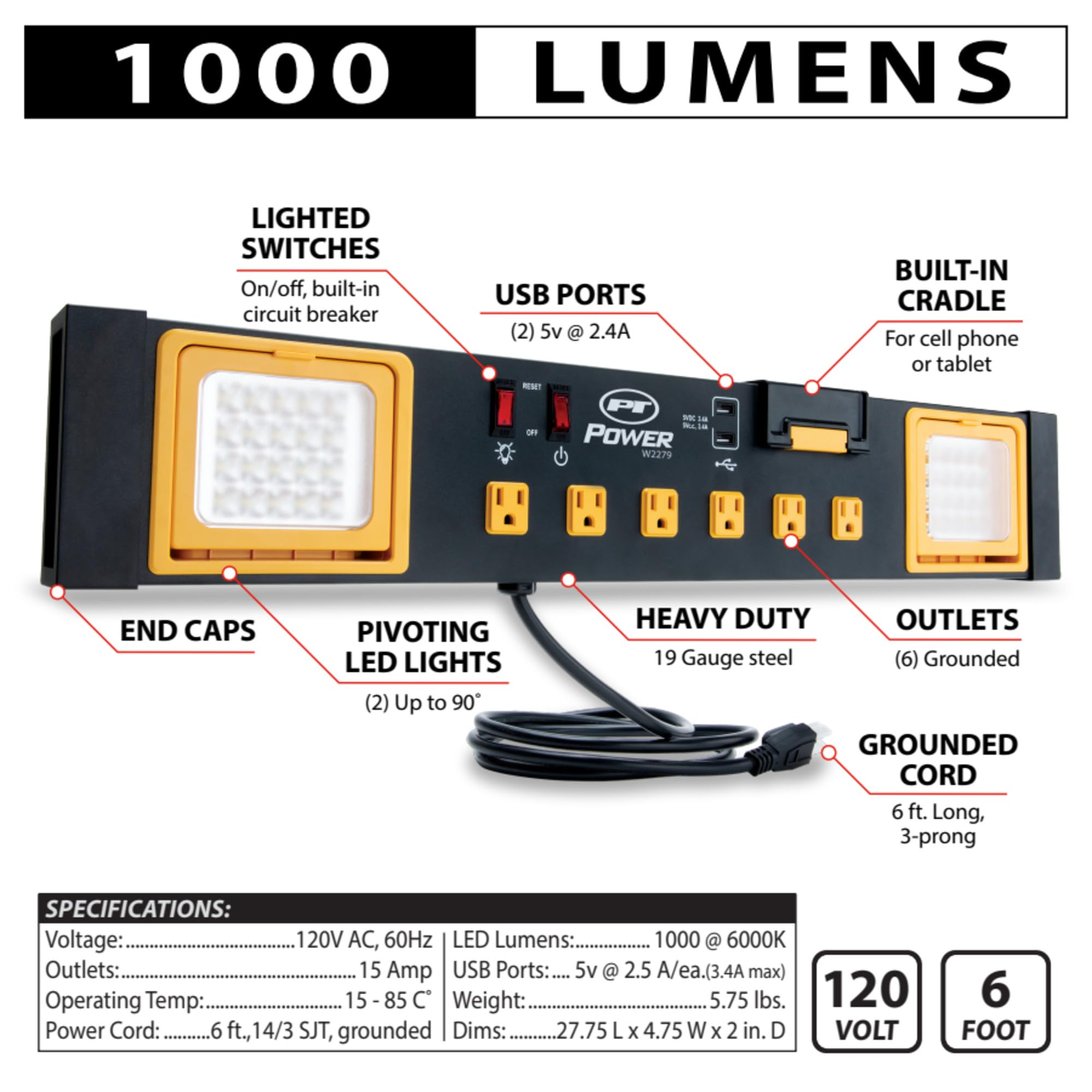 Power Station Performance Tool W2279 Commercial Grade with 6 Outlets, 2 USB Ports, Built-In Cradle, and LED Lights, Ideal for Workshops and Garages