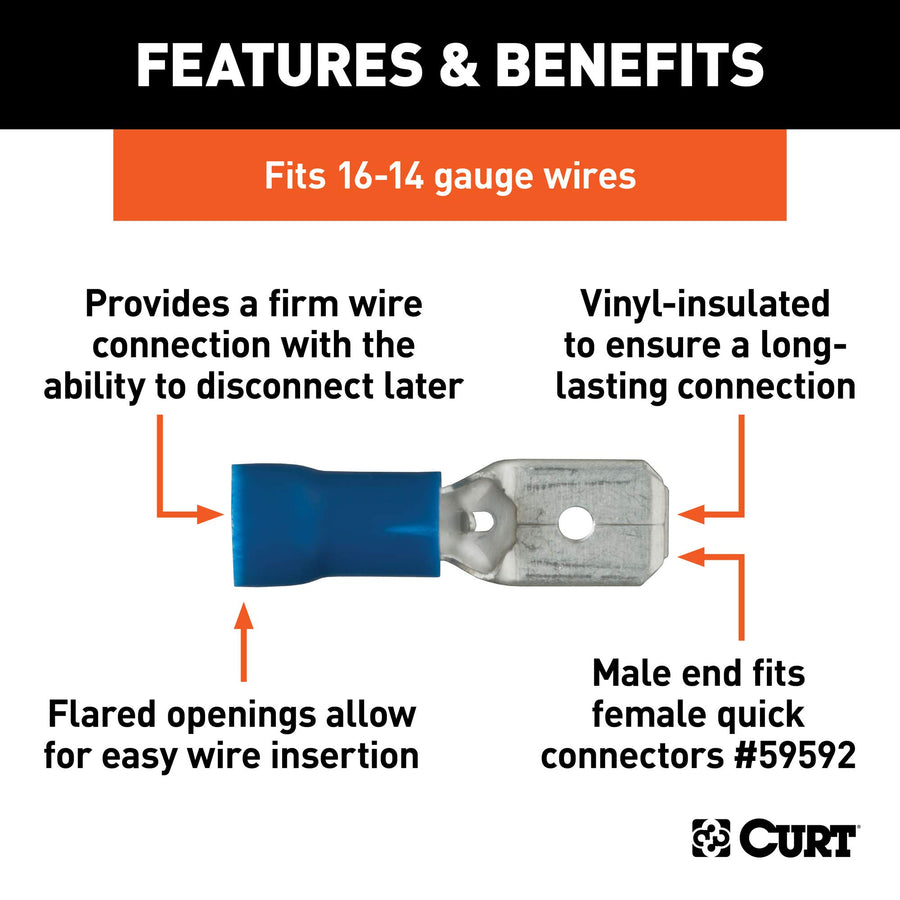CURT 59432 Blue Vinyl-Insulated 16-14 Gauge Male Wire Quick Connectors, 100-Pack