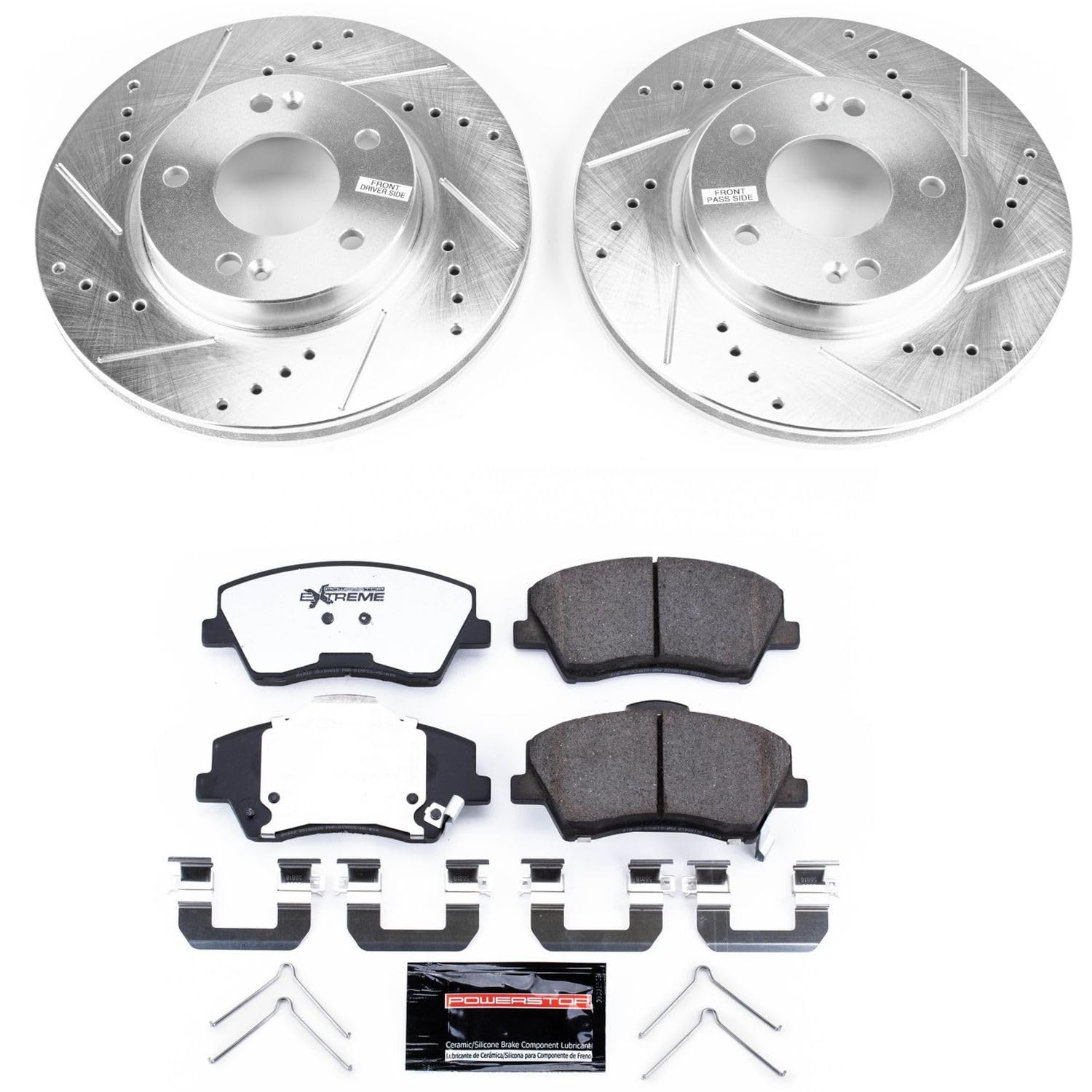 Power Stop Front Brake Kit For 2017 2018 2019 2020 2021 2022 Ioniq Hyundai - Truck & Tow Carbon Fiber Ceramic Brake Pads & Drilled and Slotted Rotors Replacement, K7893-36