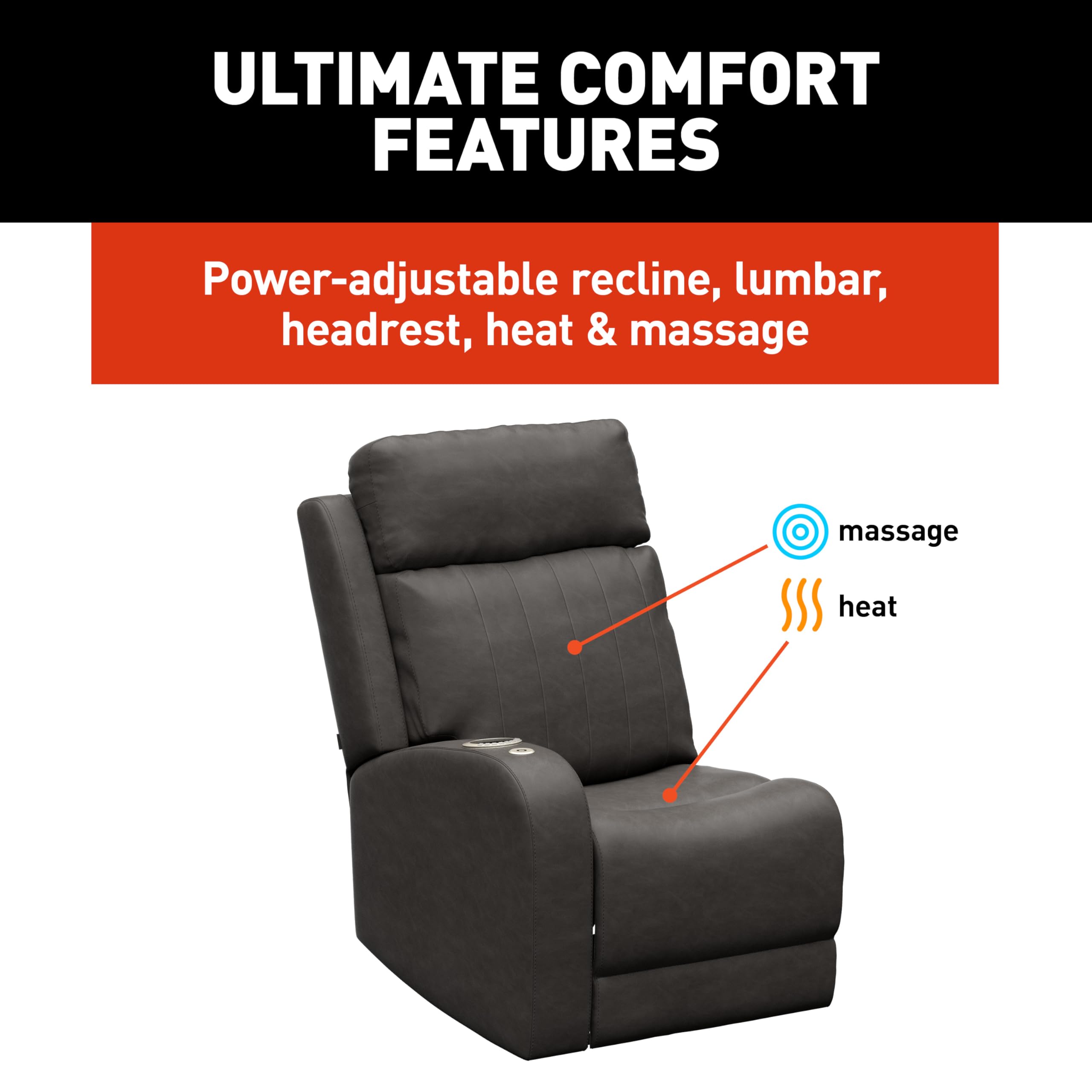 THOMAS PAYNE McCoy RV Theater Seating Signature Seismic Series Right Arm Recliner with Power Adjustable Lumbar, Headrest, Reclining, Heating, Massage, Integrated Cupholder Controls - 2024044200