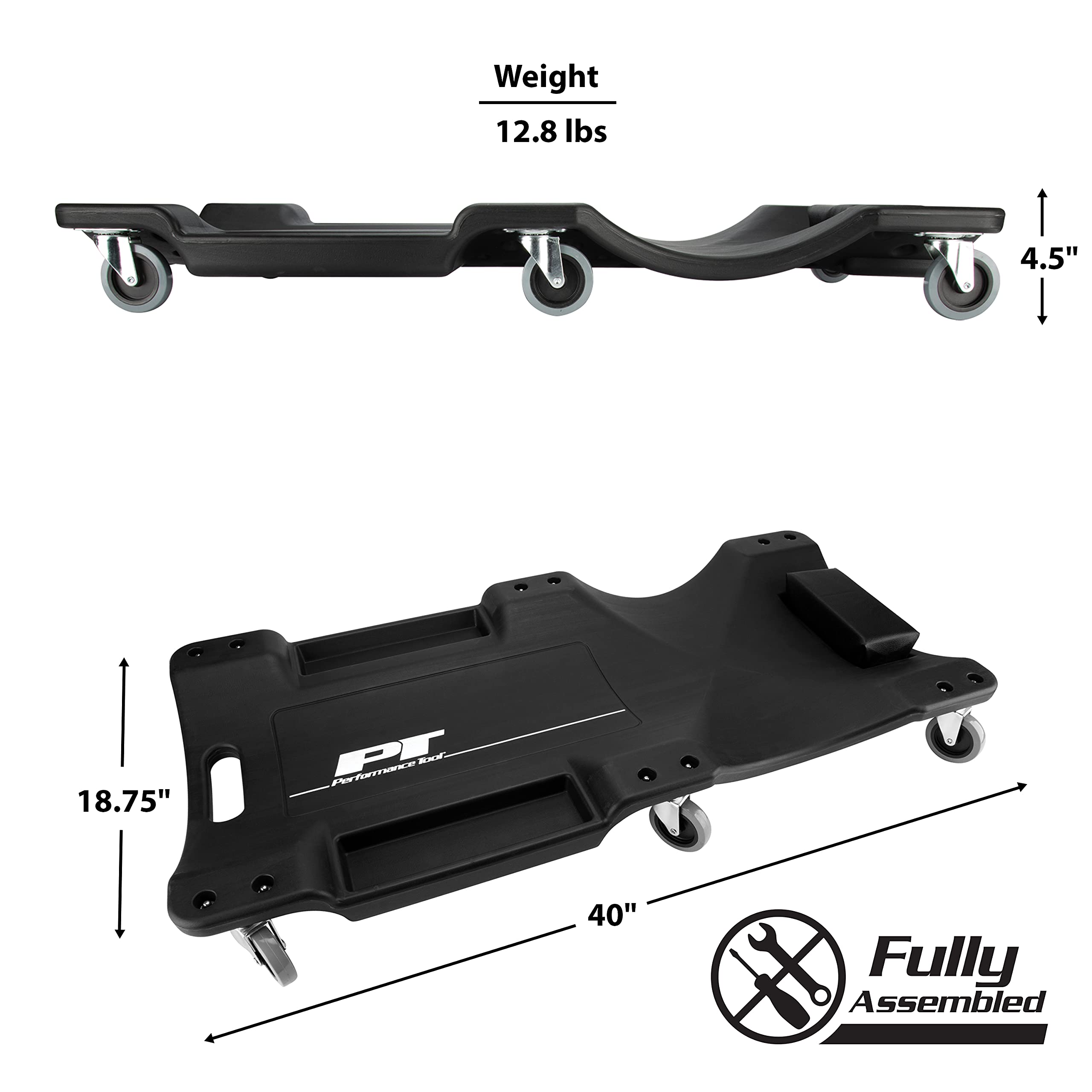 W85006 Performance Tool 40-Inch Plastic Creeper with 6 Casters, Black