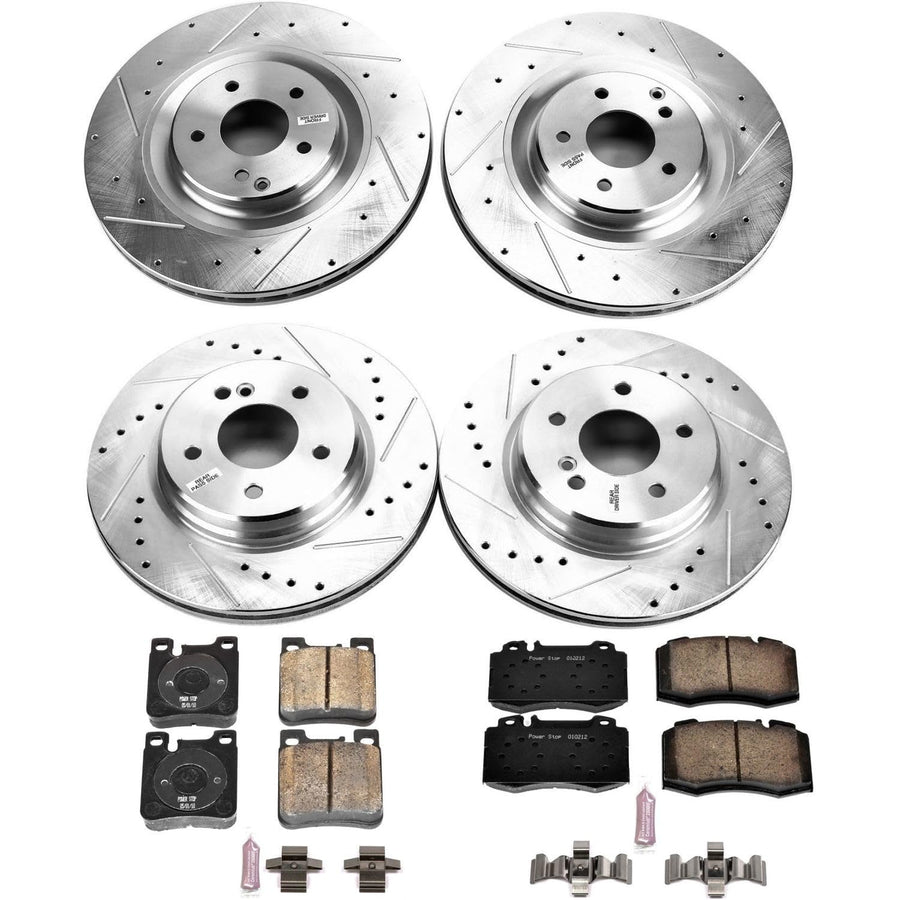 Power Stop K6586 Z23 Carbon Fiber Brake Pads Front and Rear with Drilled & Slotted Brake Rotors Kit and 1 Front & 1 Rear Sensor Wires For C55 AMG, CLK500, CLK55 AMG, CLK550 [Model Specific]