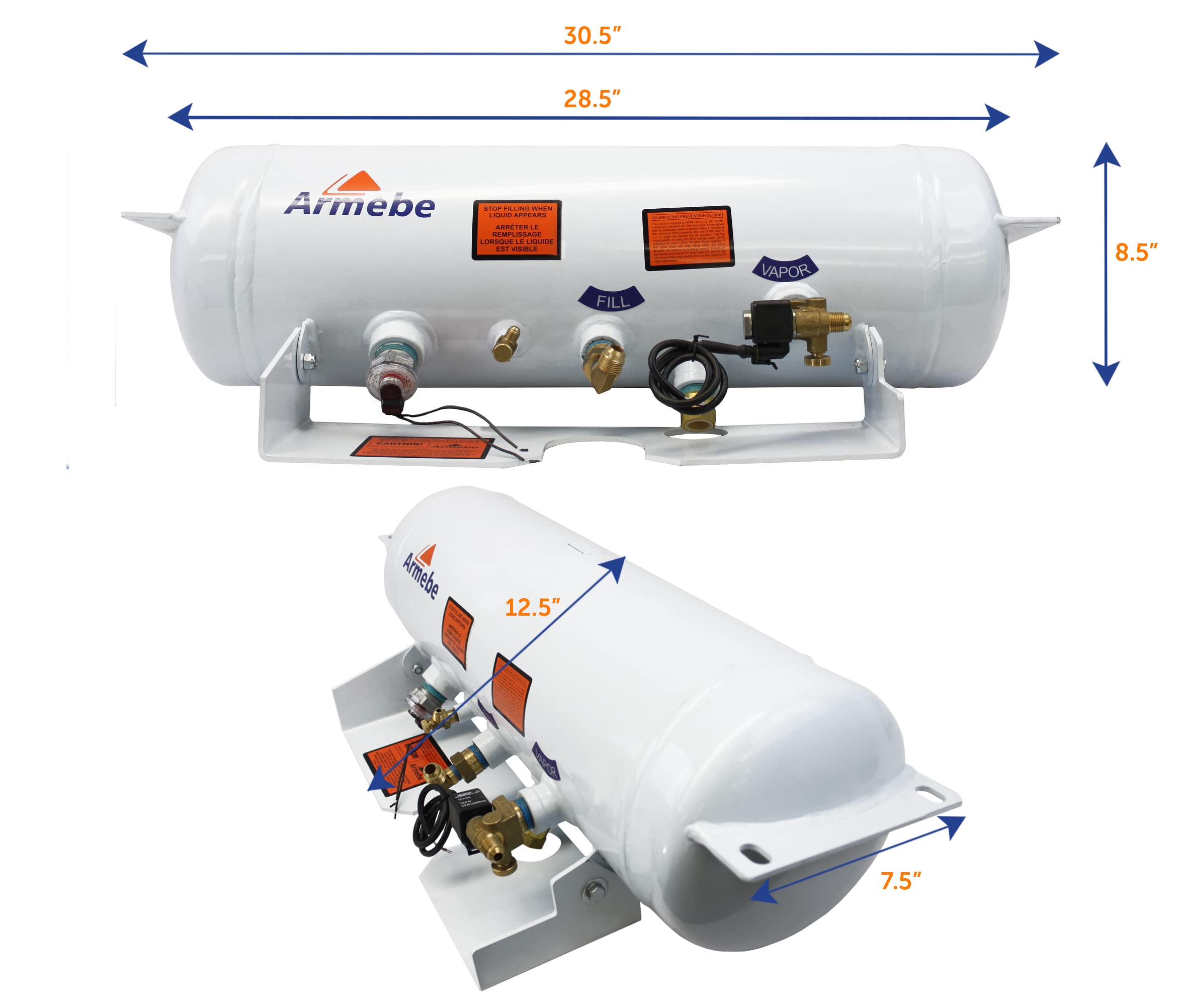 5.9 Gallon Flame King ASME Horizontal Steel Propane Tank with Remote Fill and Bleeder Fittings, Pressure Relief Valve, and Solenoid Service Valve