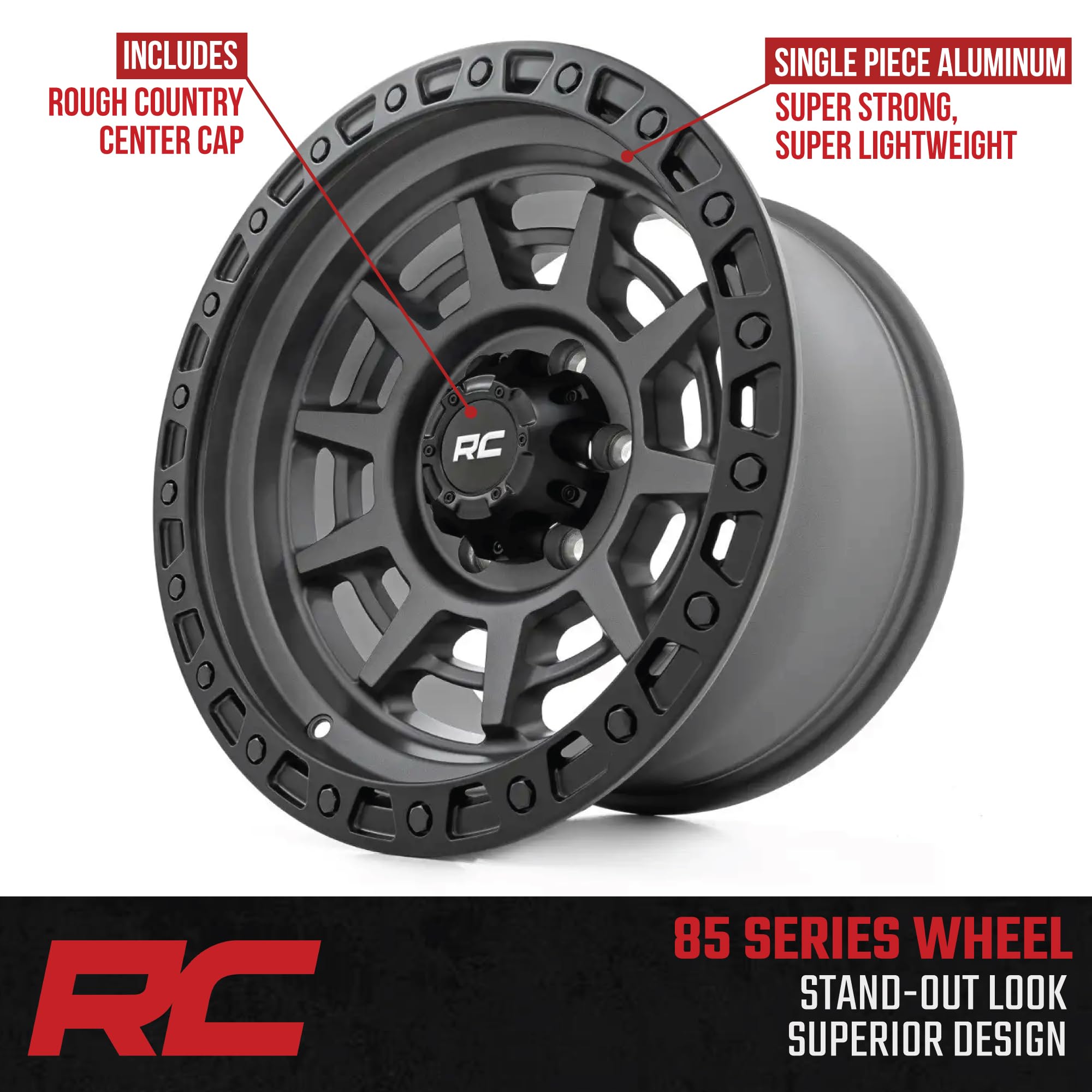 Rough Country One-Piece 85 Series Aluminum Wheel with Simulated Beadlock - 17x9, 5x5" Bolt Pattern, 12mm Offset, Gunmetal Gray/Black