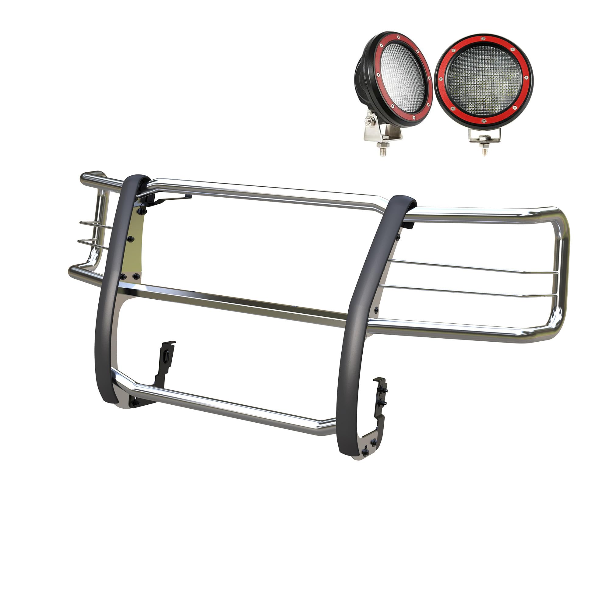 Grille Guard Kit Black Horse Modular Stainless Steel Pair of 5.3" Dia. LED Flood Lights w/Red Trim Rings Wiring Harness and Switch Compatible with 2003-2025 Chevrolet Express