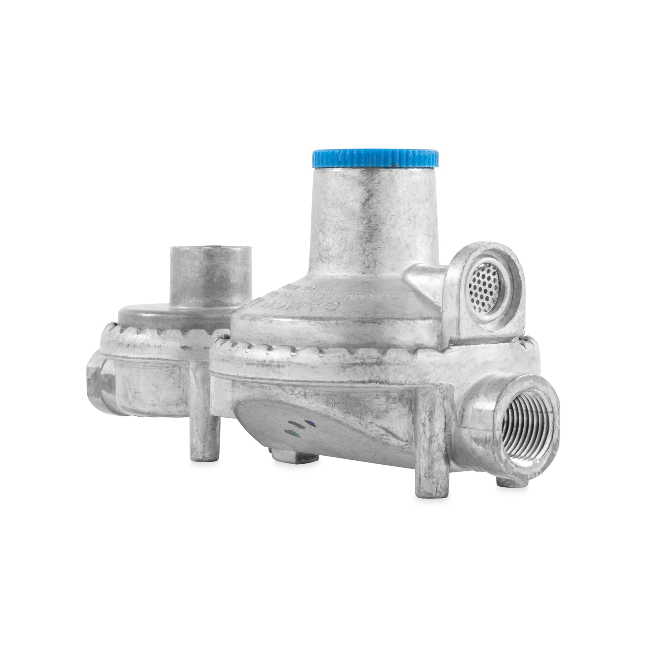 Vertical Camco Two Stage Propane Regulator - Compatible with 20 lb or 30 lb Propane Tanks with ACME Threads - 1/4-inch Female NPT inlet and 3/8-inch Female NPT outlet (59313)