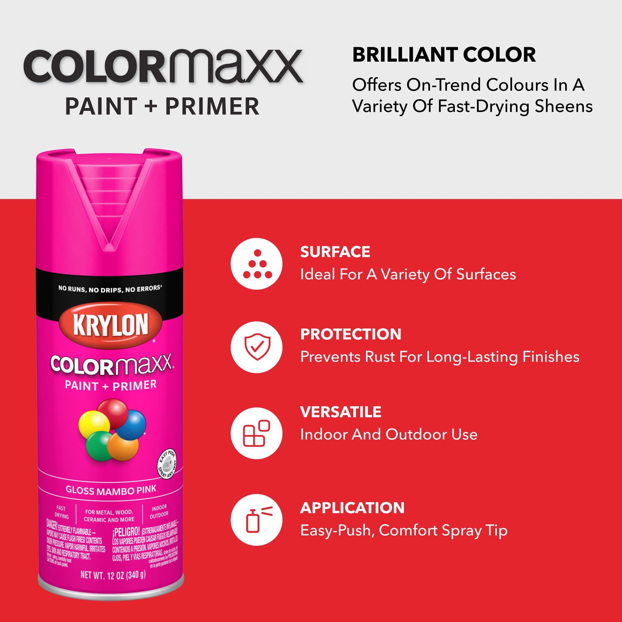 Krylon K05528007 Spray Paint and Primer COLORmaxx for Indoor/Outdoor Use, Gloss Mambo Pink, 12 Ounce (Pack of 1)