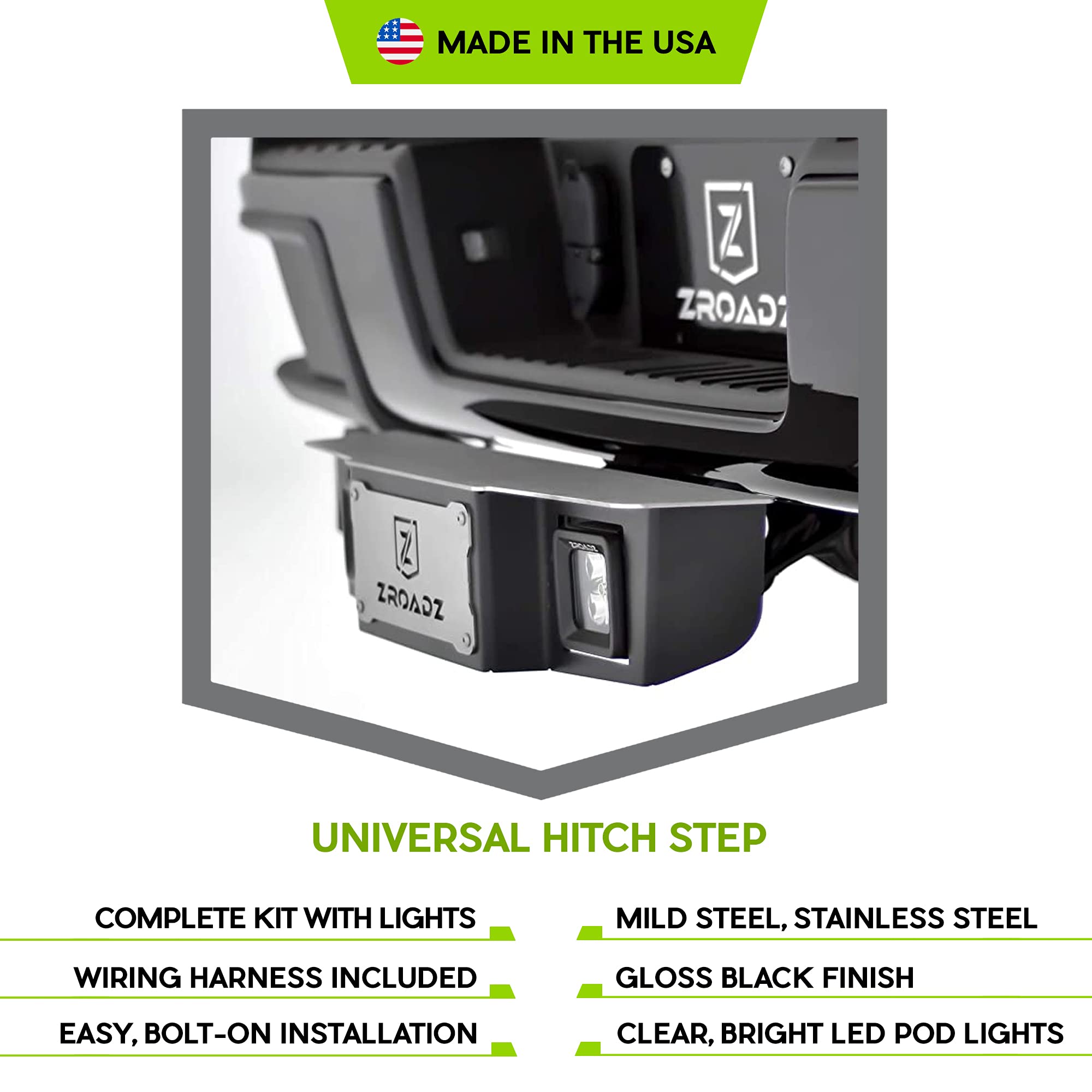 ZROADZ Universal 2" Hitch Step Kit LED - Black Mild Steel Bolt-On, No Drilling - Includes (2) 3 Inch LED Pod Lights and Universal Wiring Harness - PN#Z390010-KIT