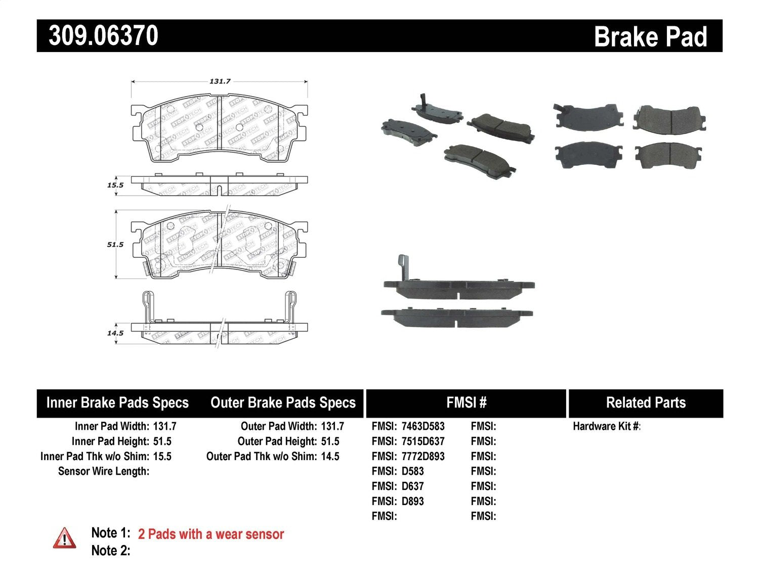 Sport Brake Pads StopTech 309.06370 with Shims and Hardware