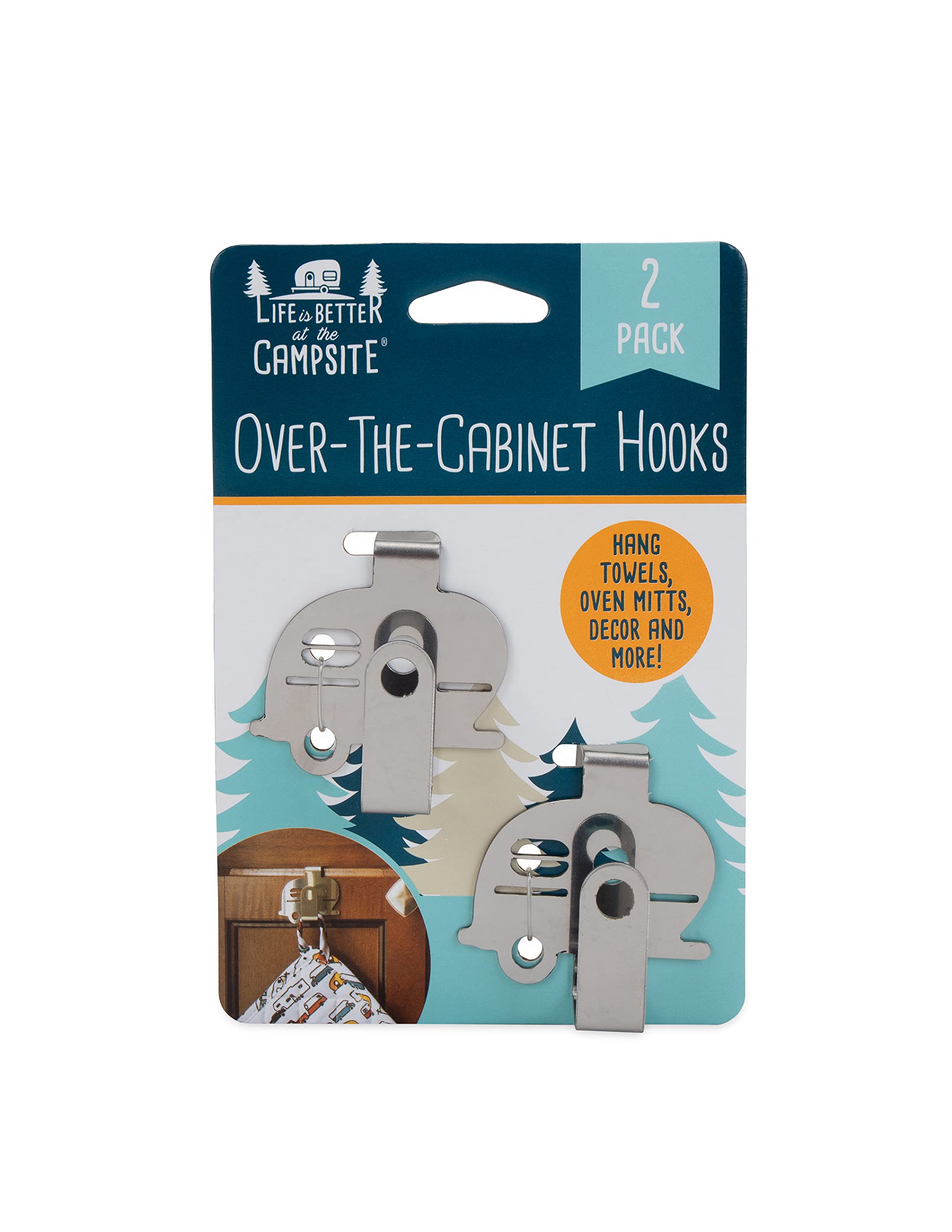 Over-The-Cabinet Hooks Camco Life is Better at The Campsite | Convenient to Use and Fits 3/4-inch Thick Cabinet Doors | Made of Stainless Steel | 2-Pack (53382), Silver, Small