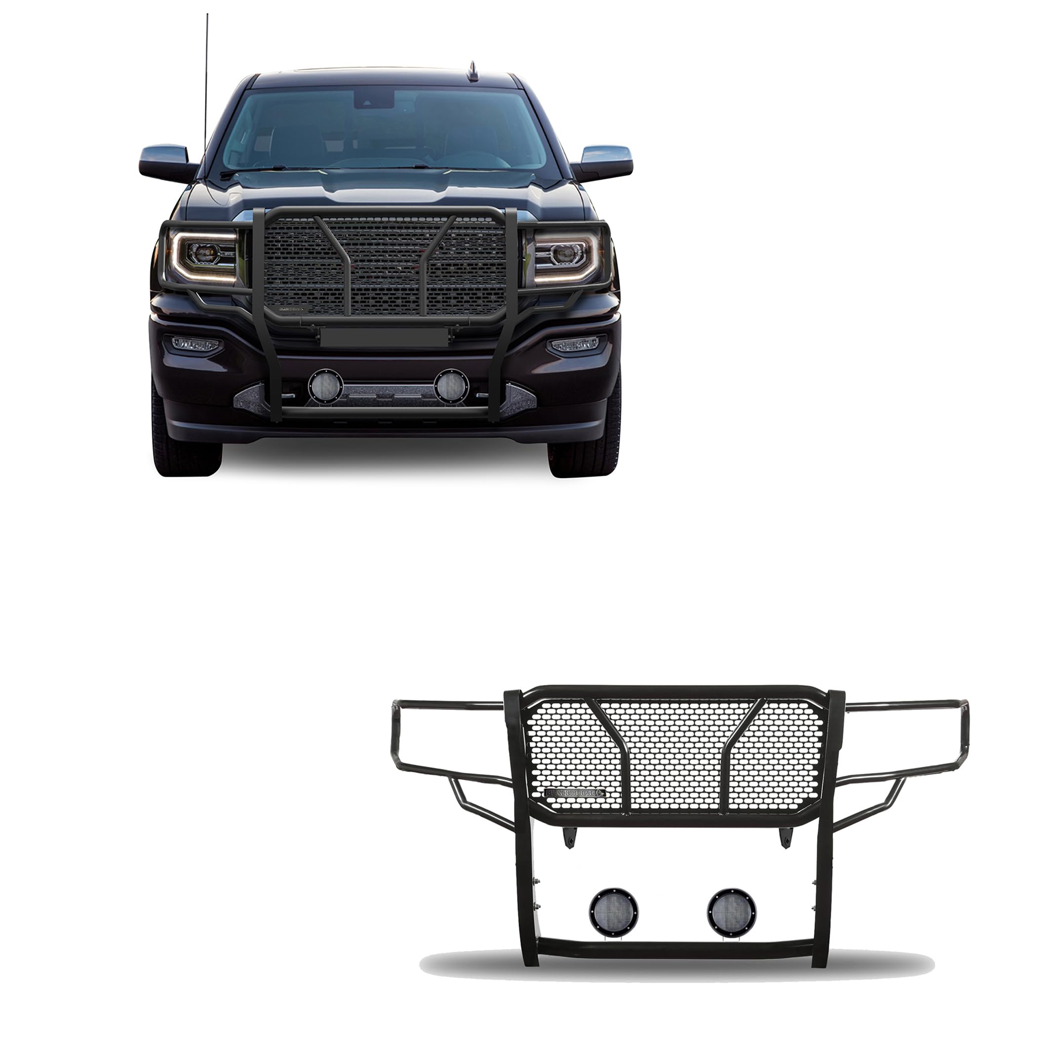 Heavy Duty Black Horse Rugged Grille Brush Bumper Guard Modular Black Come with Pair of 5.3" LED Lights Compatible with 2014-2018 Sierra 1500|2019-2022 Sierra 1500 Limited-RU-GMSI14-B-PLFB