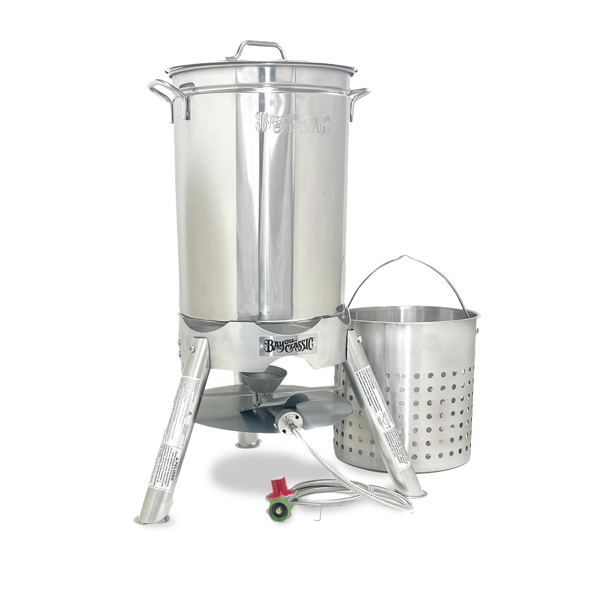 Bayou Classic Boiler Cooker Kit Stainless Steel Features 44-qt Stainless Boiler with Lid, Steam/Boil Basket, 4-in Cast Aluminum 58,000 BTU Burner, 10-psi Pre-Set Regulator and 48-in Hose