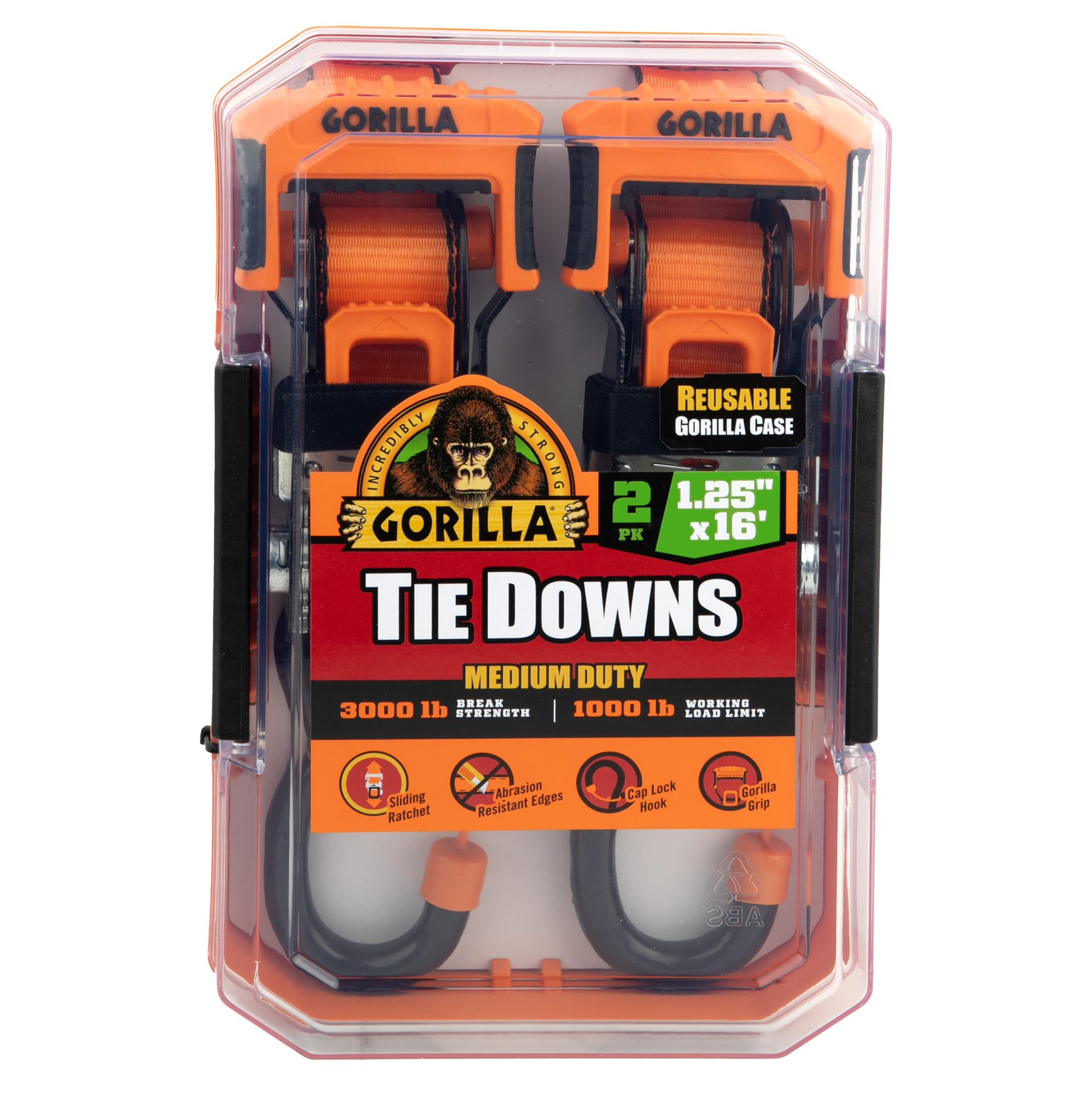 Gorilla Heavy Duty Ratchet Tie Down Strap 1.25 inch x 16 feet with a Sliding Ratchet Grip Handle and Cap Locks for Anchor Securement