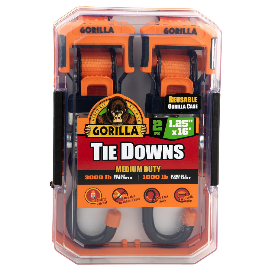 Gorilla Heavy Duty Ratchet Tie Down Strap 1.25 inch x 16 feet with a Sliding Ratchet Grip Handle and Cap Locks for Anchor Securement