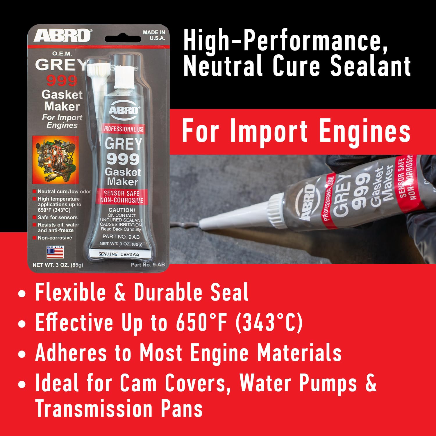 RTV Silicone Sealant and Gasket Maker ABRO - 650 Degrees F, OEM Specified, Sensor Safe, Non-Corrosive, High Temp Silicone Sealant/Head Gasket Sealant Neutral Cure, Low Odor, 3 oz. Tube - Grey