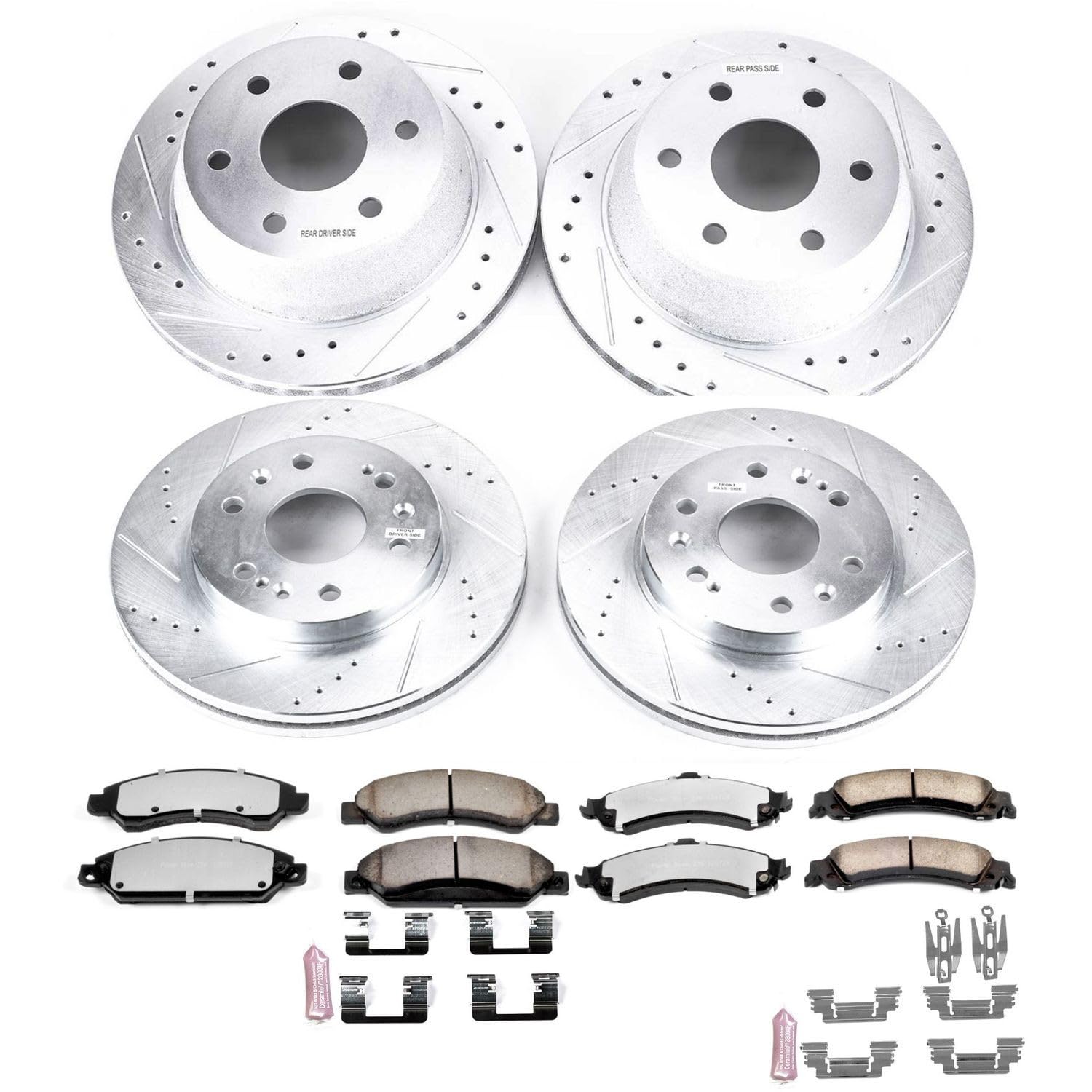 Brake Kit Power Stop Front and Rear For 2005 2006 GMC Sierra 1500 2007 GMC Sierra 1500 Classic - Truck & Tow Carbon Fiber Ceramic Pads & Drilled and Slotted Rotors Replacement, K8071-36
