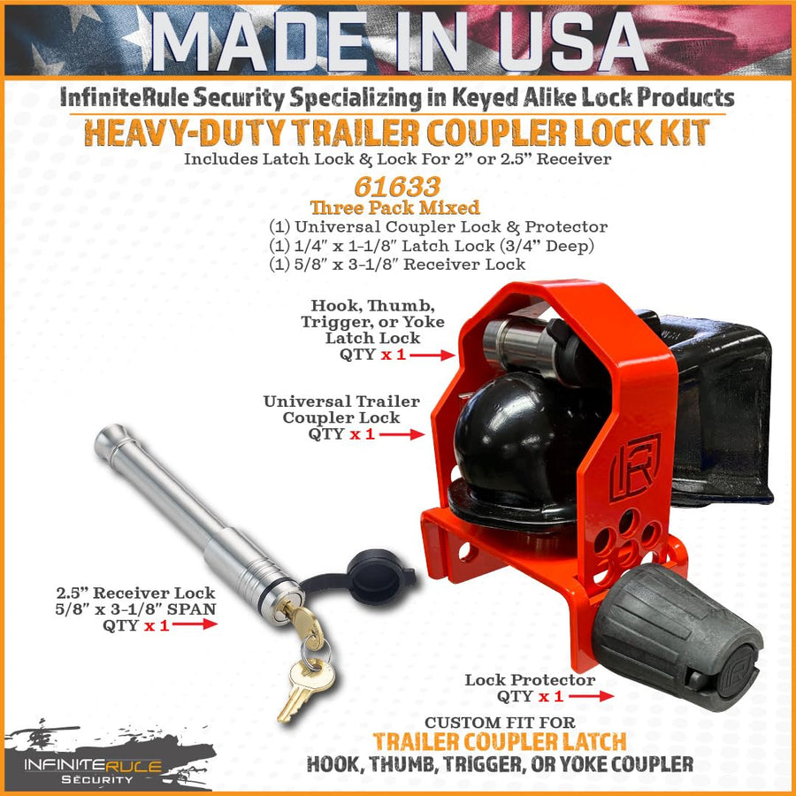 Security InfiniteRule 61633 | 3 Pack, Keyed Alike, Trailer Coupler Lock for 1-7/8", 2", & 2-5/16" Ball - Includes 1-1/8" Latch Lock & 2.5" Receiver Lock