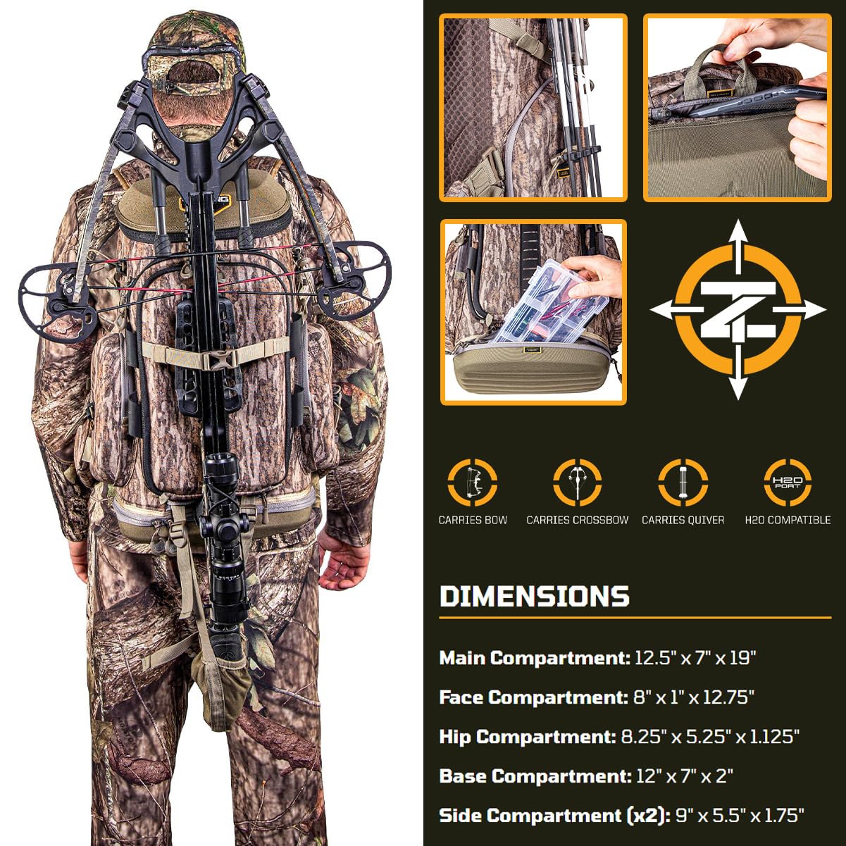 H2O Compatible TENZING Hangtime Day Pack for Tree Stand Hunting, Durable EVA-Molded Hunting Backpack with 7 Compartments & 15 Pockets, 1,600-cubic-inch Hunting Pack, Mossy Oak Bottomland