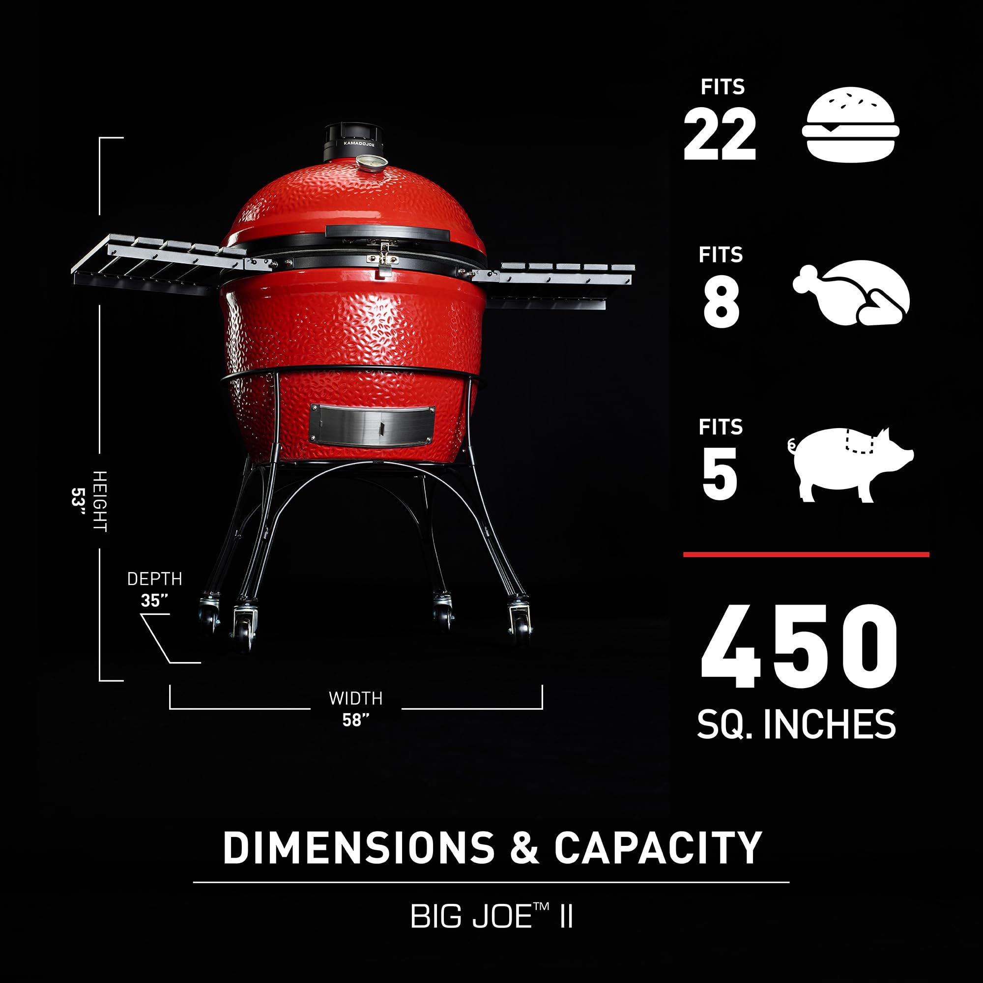 Kamado Joe Series II Big Joe 24-inch Ceramic Charcoal Grill and Smoker with Cart, Side Shelves, Stainless Steel Grates and 450 Cooking Square Inches in Red, Model BJ24RHC
