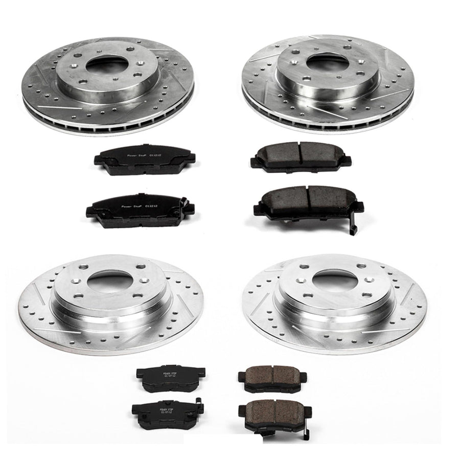 Power Stop K1034 Z23 Carbon Fiber Brake Pads Front and Rear with Drilled & Slotted Brake Rotors Kit For Honda Prelude 1992-1996 [Model Specific]